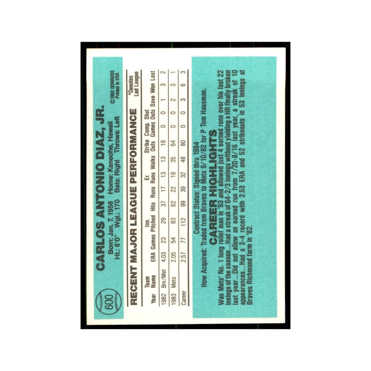 Carlos Diaz 1984 Donruss #600 New York Mets Baseball Card NM