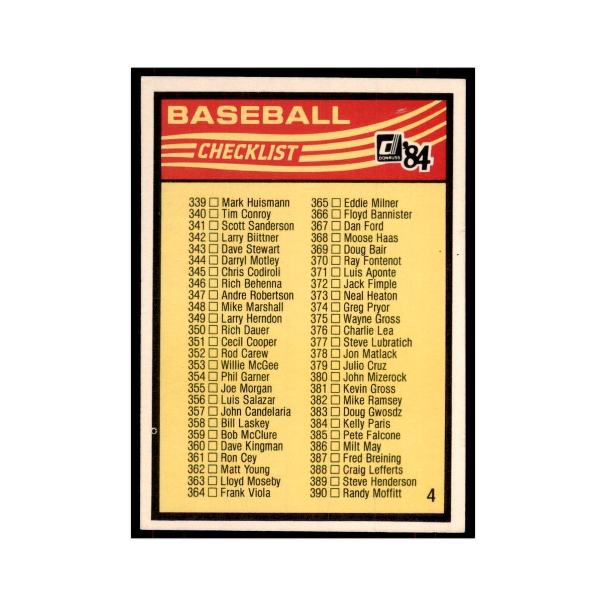 Checklist 339-442 1984 Donruss #4 Baseball Card NM