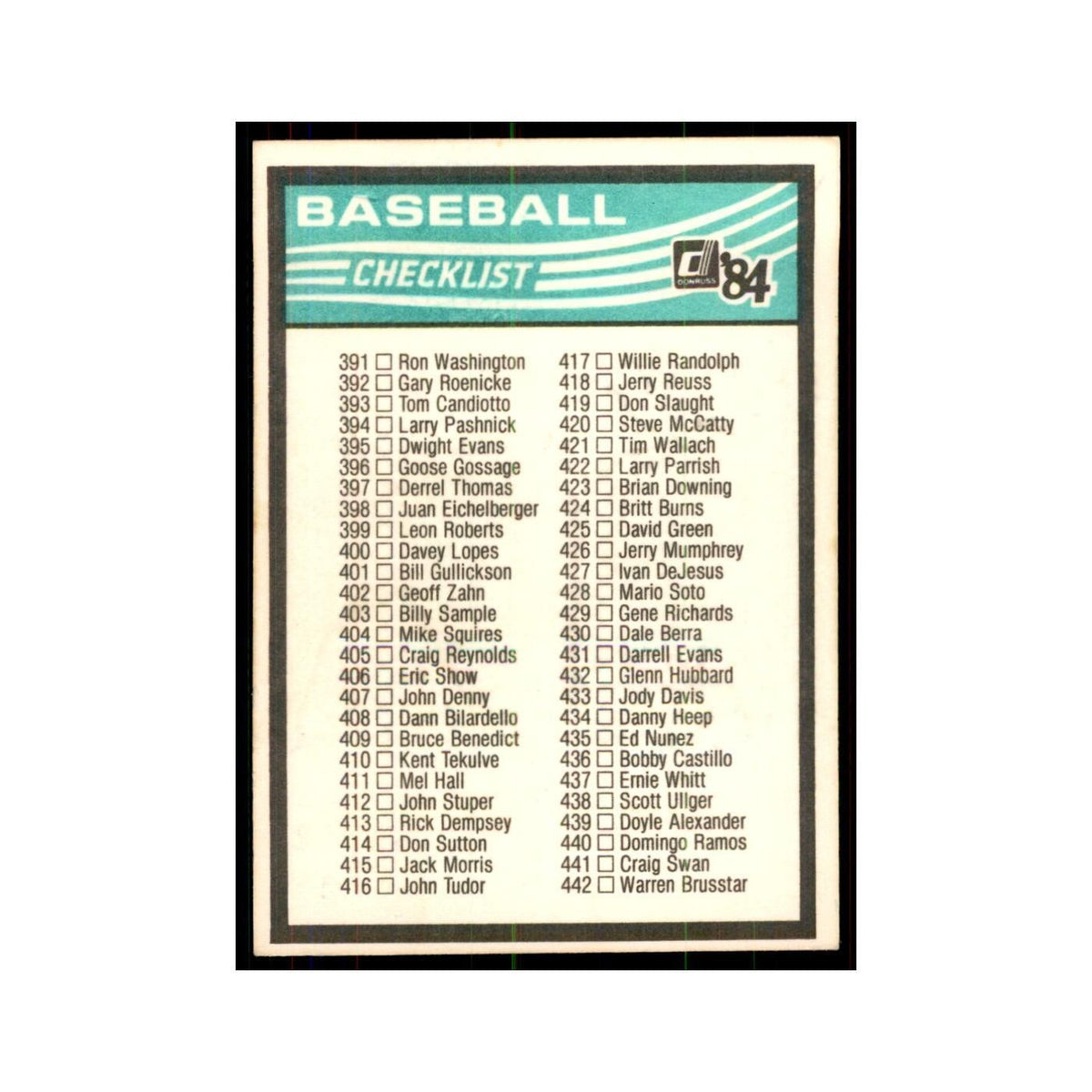 Checklist 339-442 1984 Donruss #4 Baseball Card NM