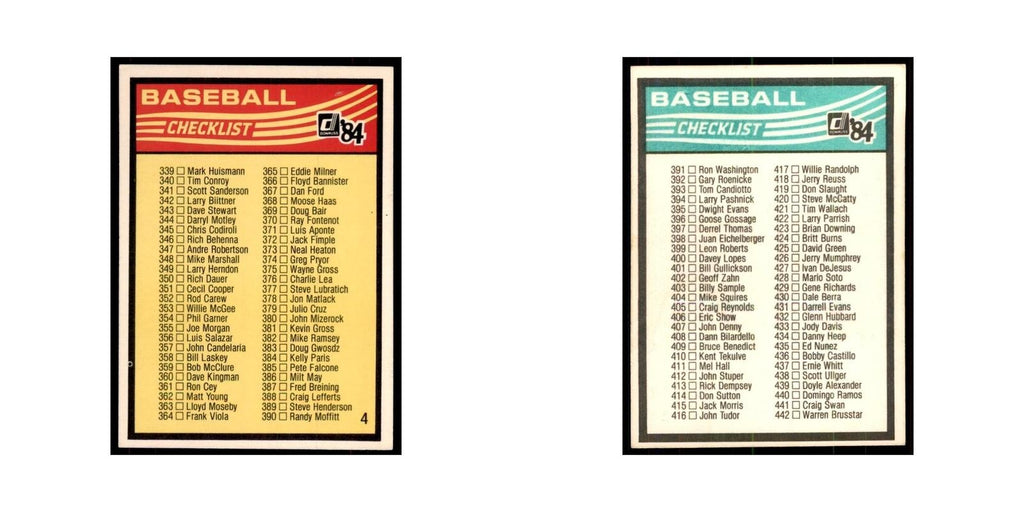Checklist 339-442 1984 Donruss #4 Baseball Card NM