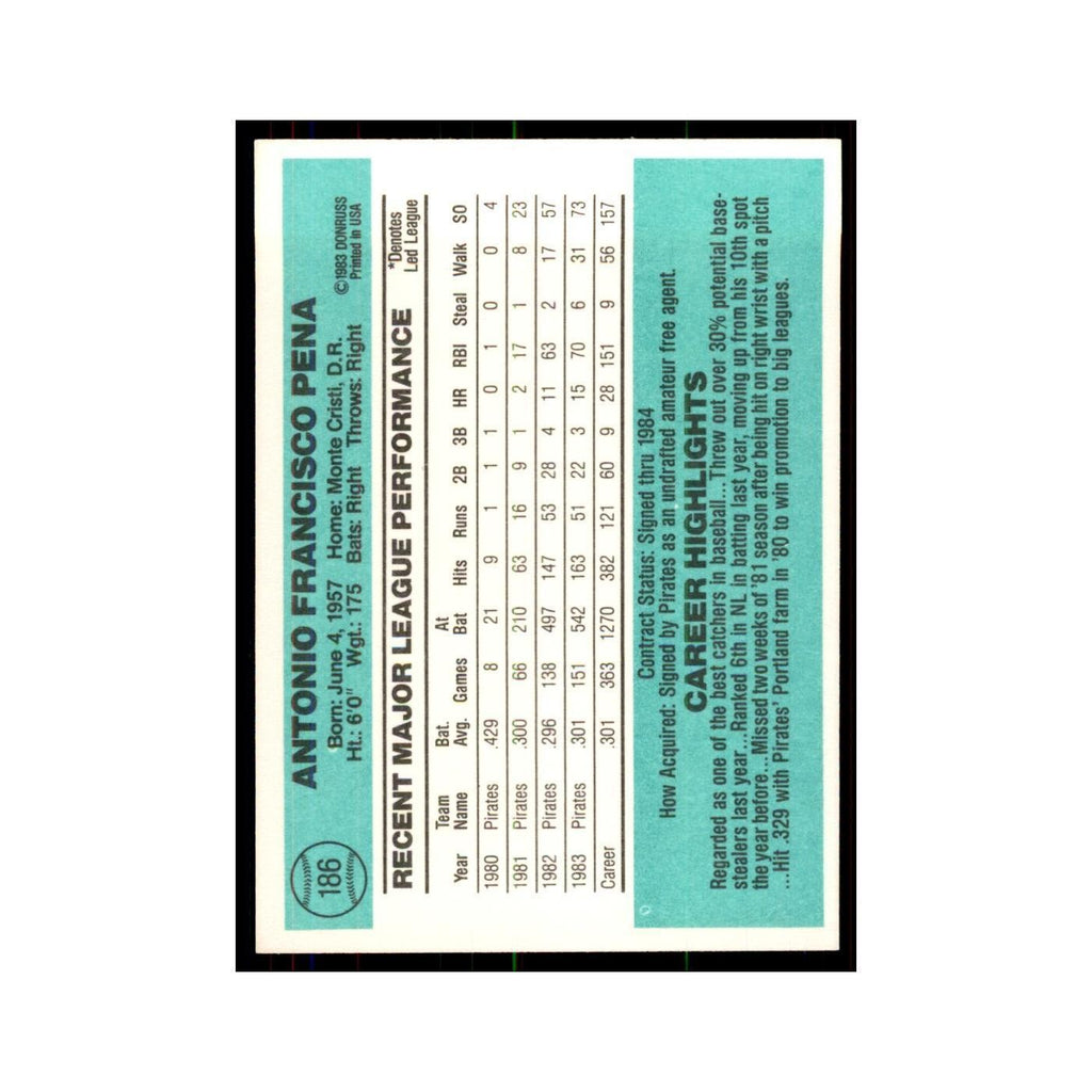 Tony Pena 1984 Donruss #186 Pittsburgh Pirates Baseball Card NM