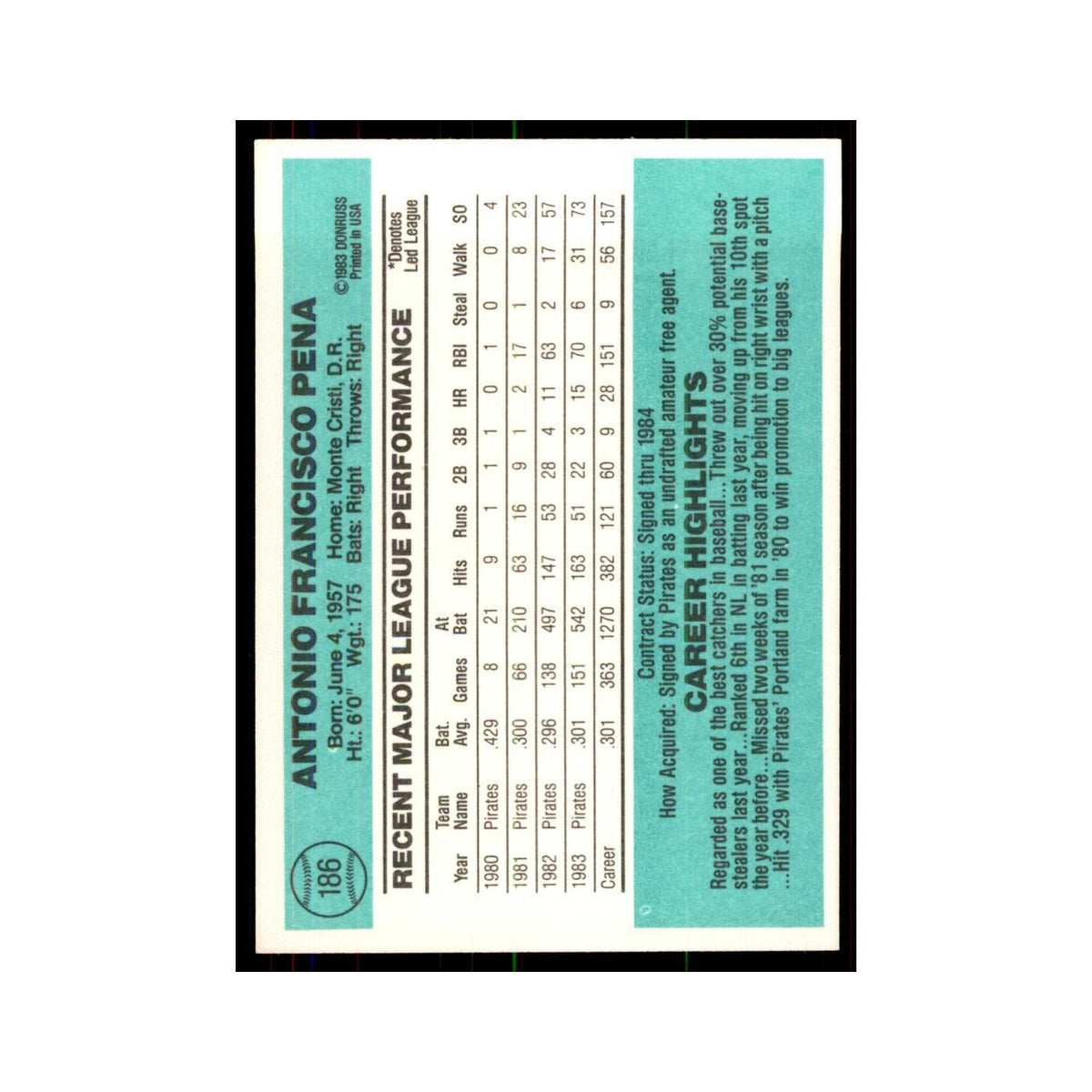 Tony Pena 1984 Donruss #186 Pittsburgh Pirates Baseball Card NM