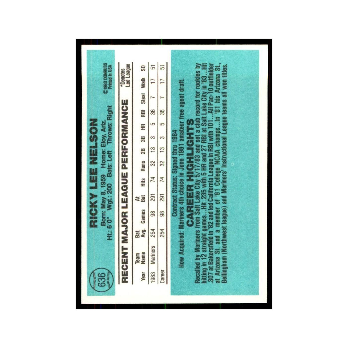 Ricky Nelson Rookie 1984 Donruss #636 Seattle Mariners Baseball Card NM