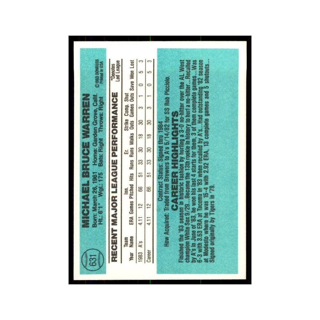 Mike Warren Rookie 1984 Donruss #631 Oakland Athletics Baseball Card NM
