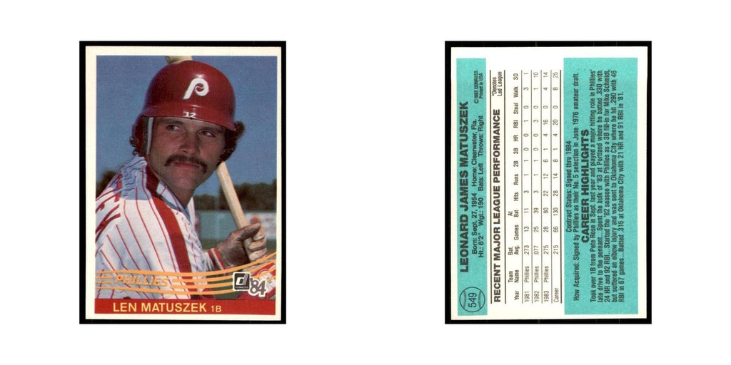 Len Matuszek 1984 Donruss #549 Philadelphia Phillies Baseball Card NM