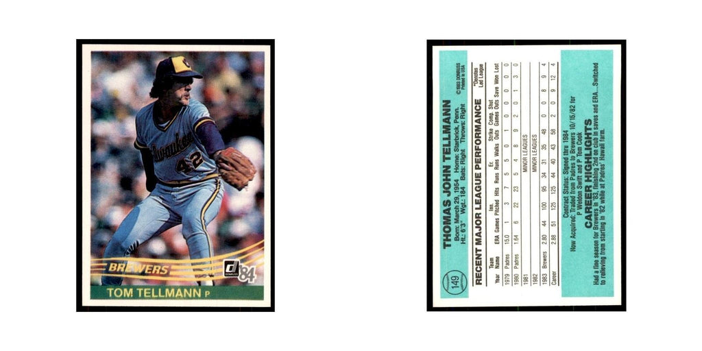 Tom Tellmann 1984 Donruss #149 Milwaukee Brewers Baseball Card NM