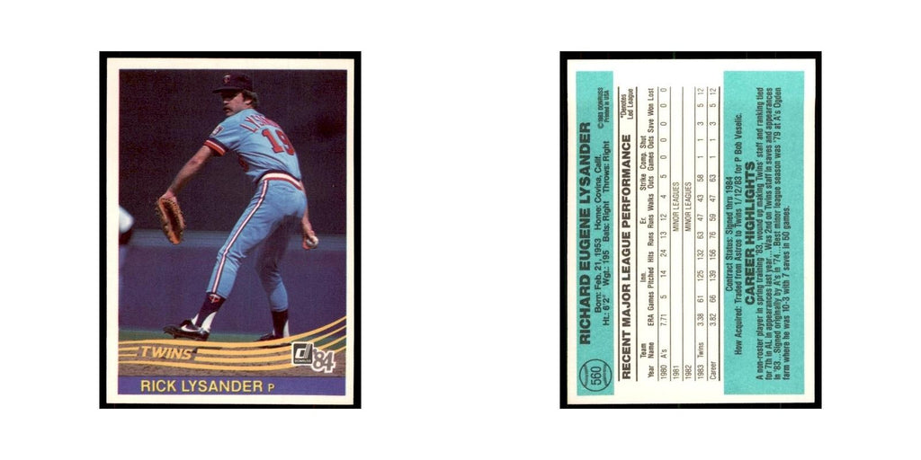 Rick Lysander Rookie 1984 Donruss #560 Minnesota Twins Baseball Card NM