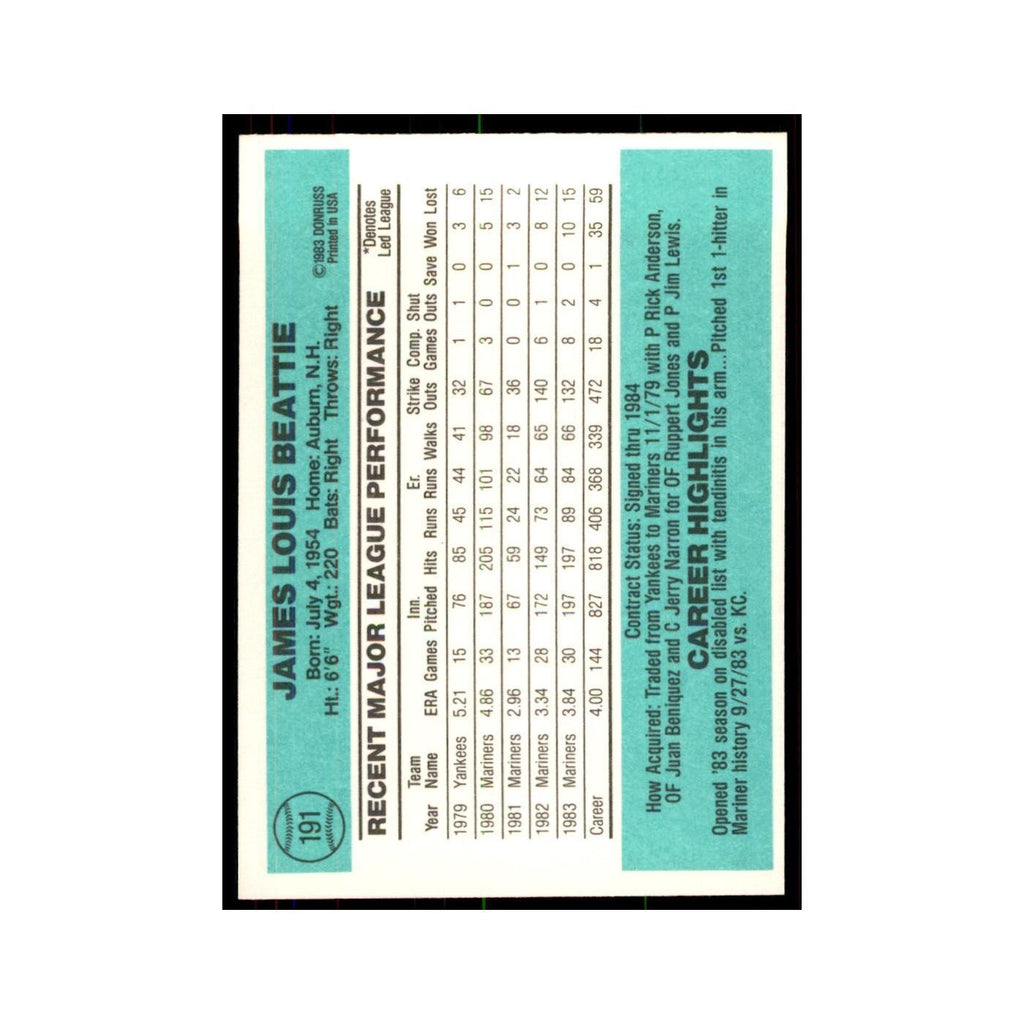 Jim Beattie 1984 Donruss #191 Seattle Mariners Baseball Card NM