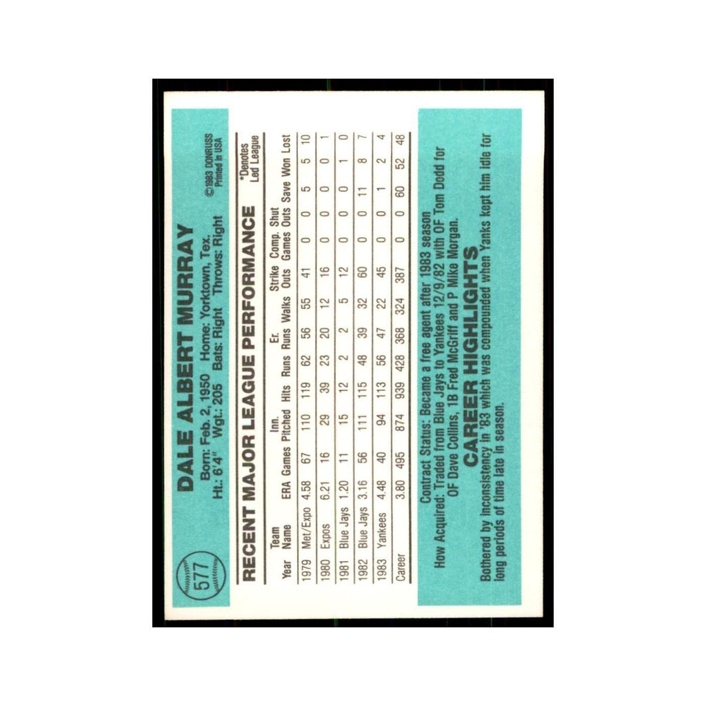 Dale Murray 1984 Donruss #577 New York Yankees Baseball Card NM