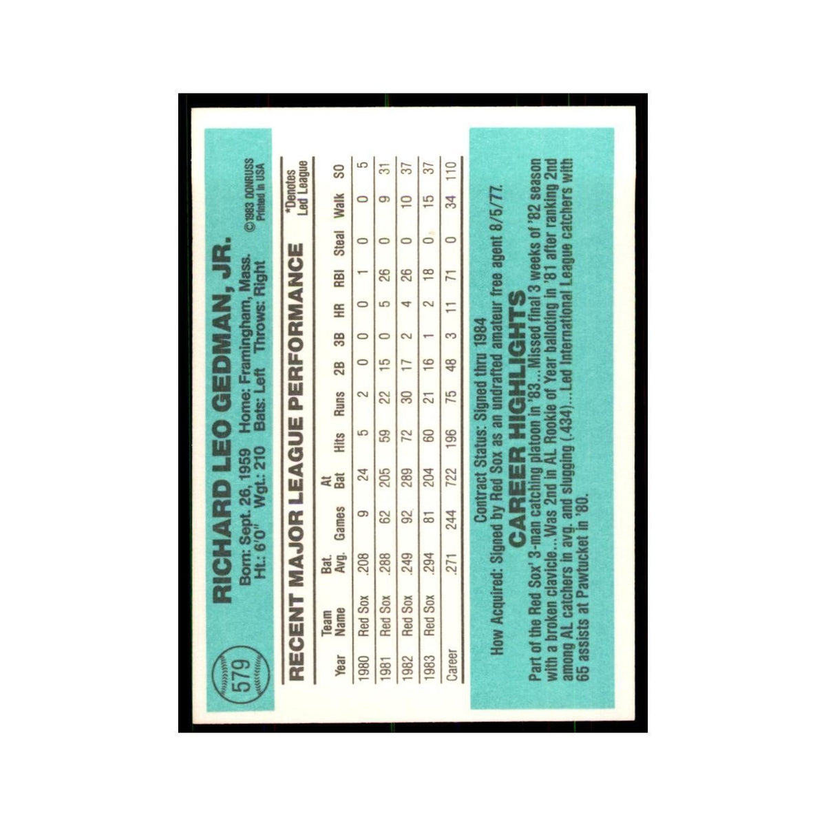 Rich Gedman 1984 Donruss #579 Boston Red Sox Baseball Card NM