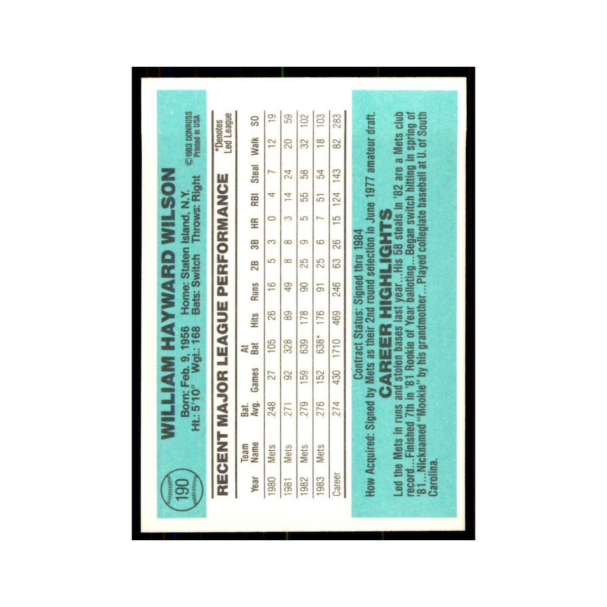 Mookie Wilson 1984 Donruss #190 New York Mets Baseball Card NM