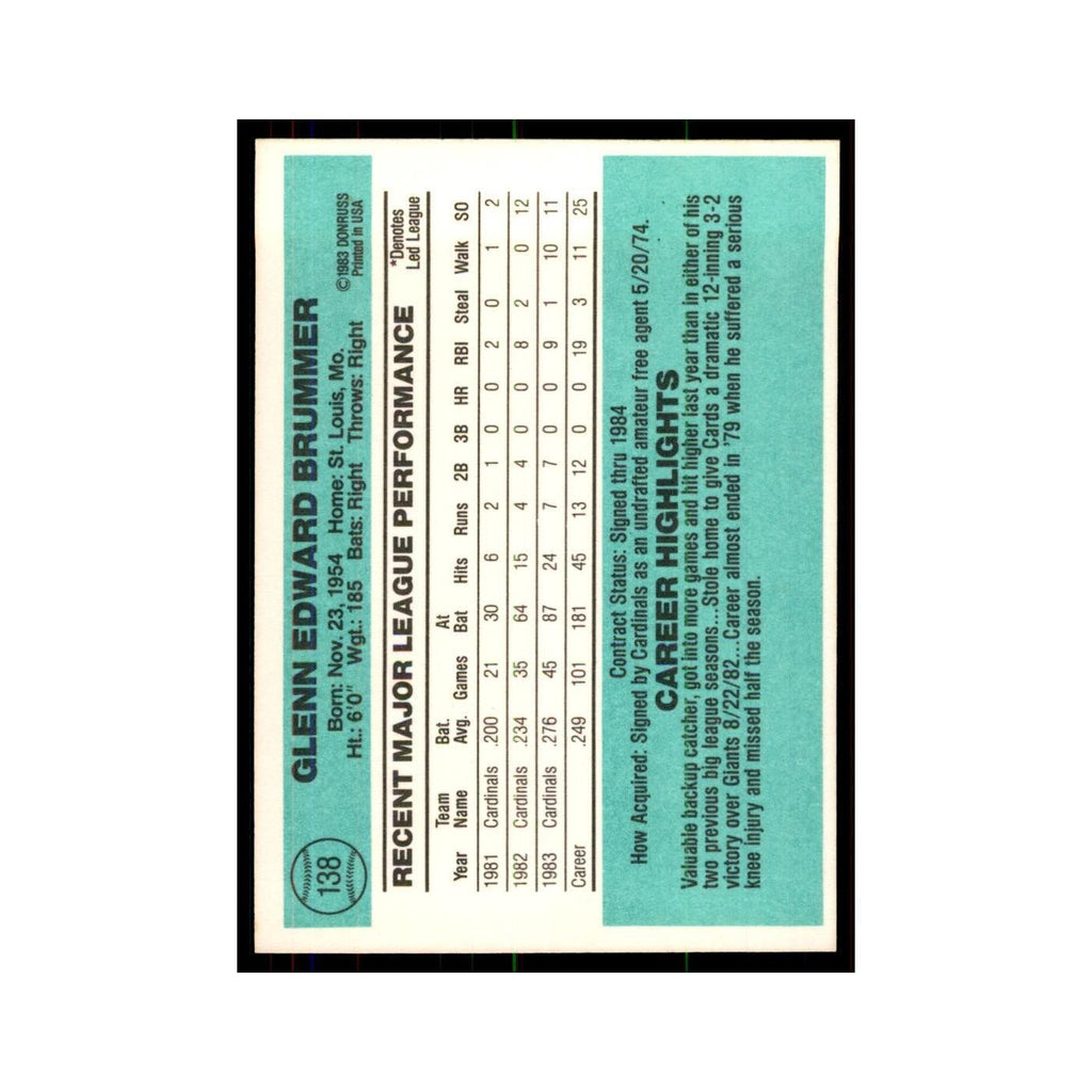 Glenn Brummer 1984 Donruss #138 St. Louis Cardinals Baseball Card NM