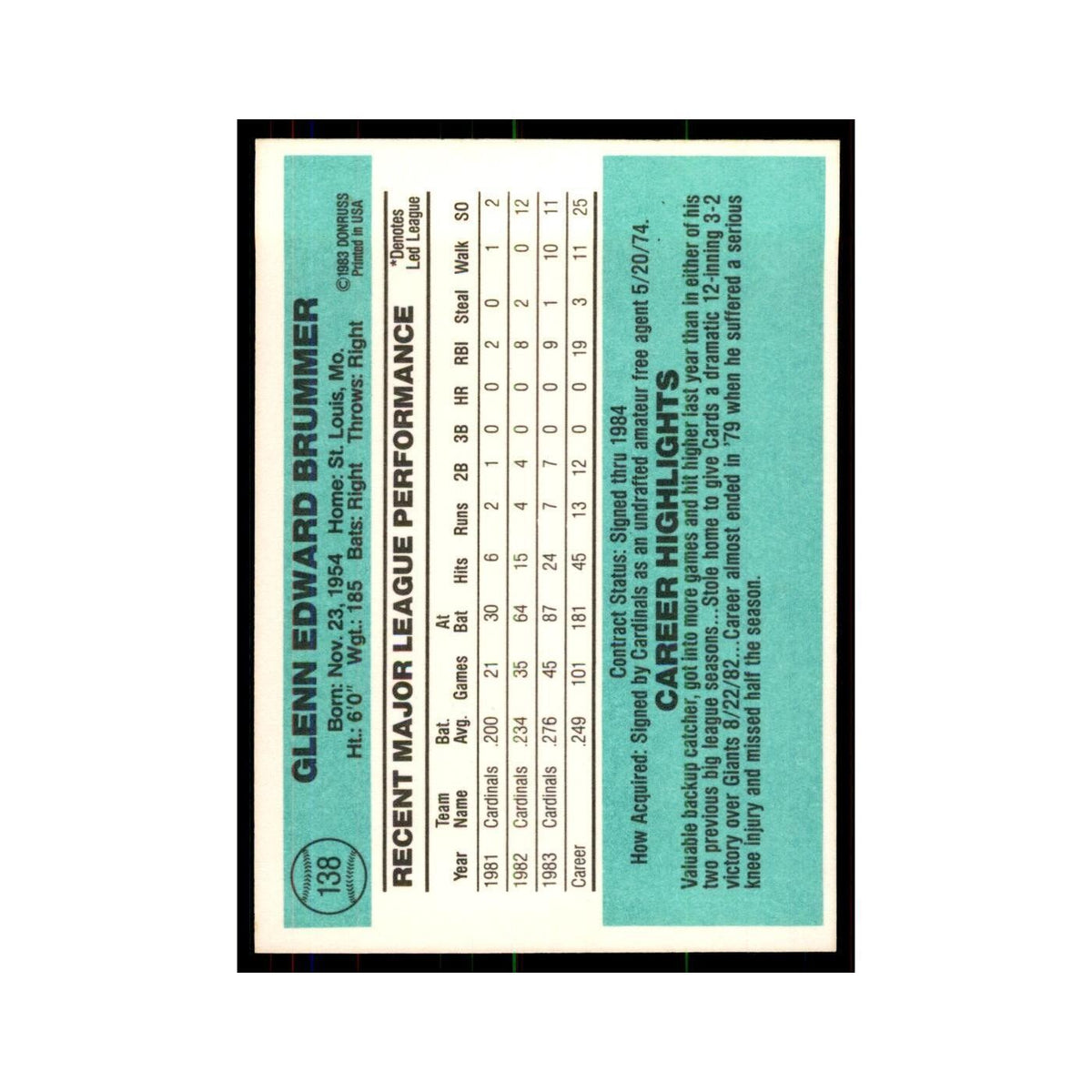 Glenn Brummer 1984 Donruss #138 St. Louis Cardinals Baseball Card NM
