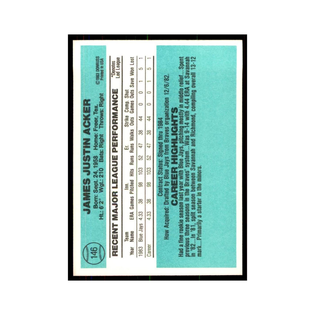 Jim Acker Rookie 1984 Donruss #146 Toronto Blue Jays Baseball Card NM