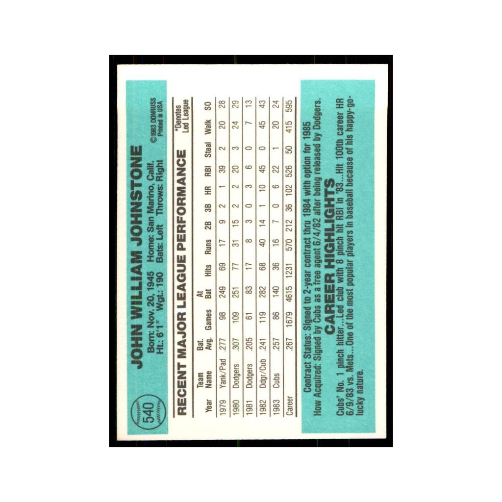 Jay Johnstone 1984 Donruss #540 Chicago Cubs Baseball Card NM