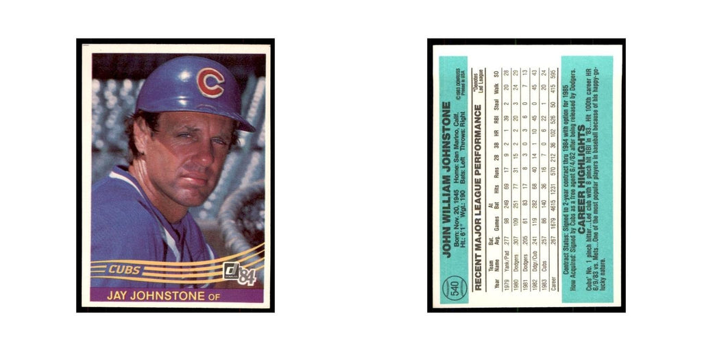 Jay Johnstone 1984 Donruss #540 Chicago Cubs Baseball Card NM