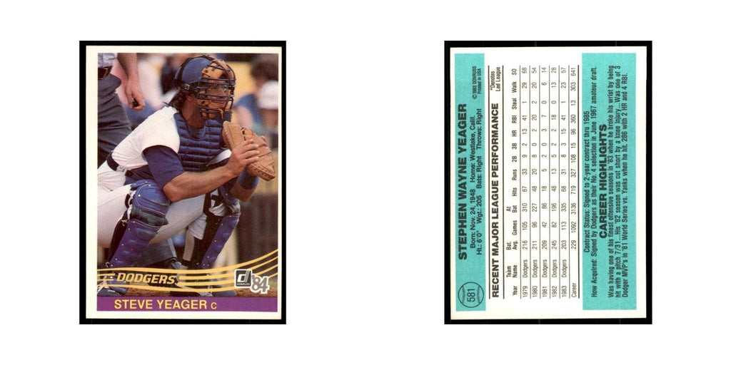 Steve Yeager 1984 Donruss #581 Los Angeles Dodgers Baseball Card NM