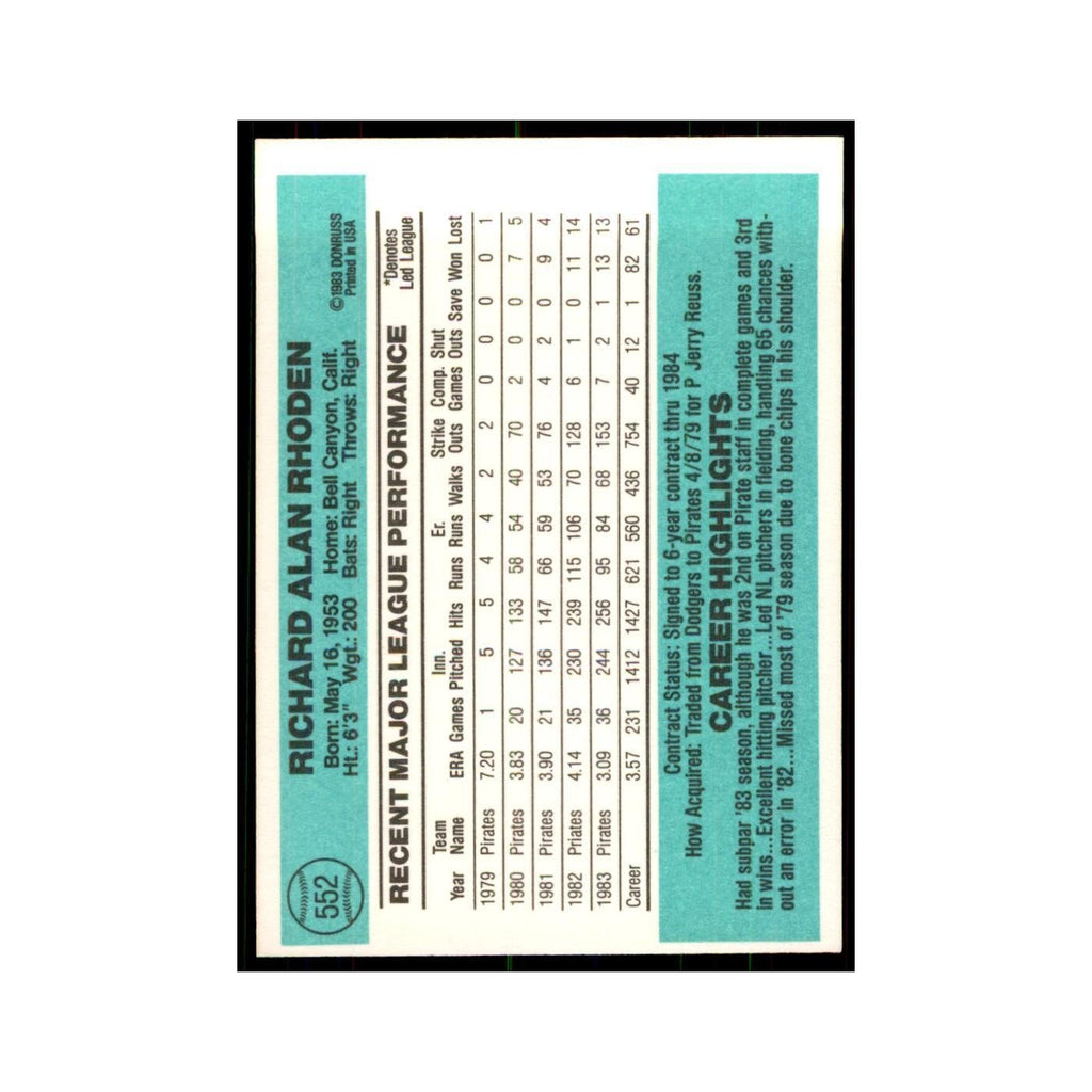 Rick Rhoden 1984 Donruss #552 Pittsburgh Pirates Baseball Card NM