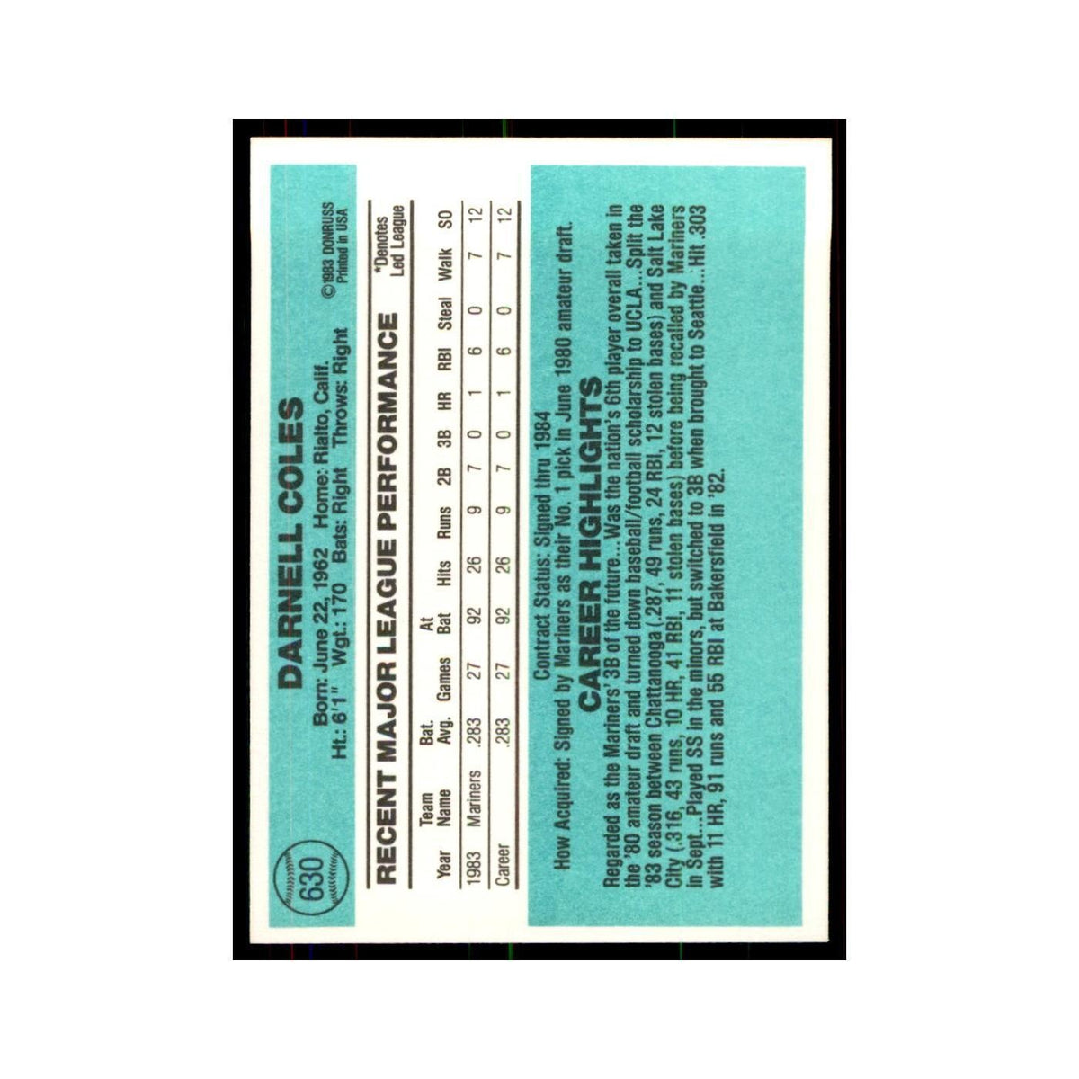Darnell Coles Rookie 1984 Donruss #630 Seattle Mariners Baseball Card NM