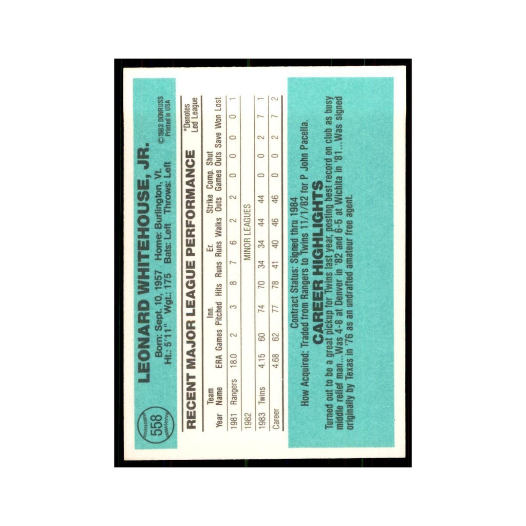 Len Whitehouse Rookie 1984 Donruss #558 Minnesota Twins Baseball Card NM