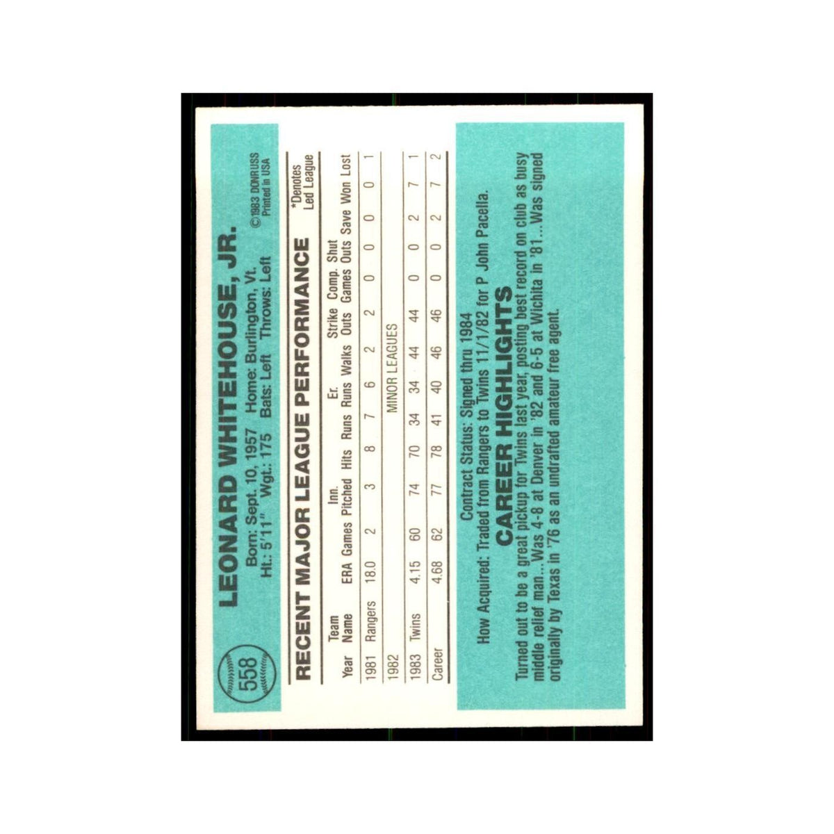 Len Whitehouse Rookie 1984 Donruss #558 Minnesota Twins Baseball Card NM