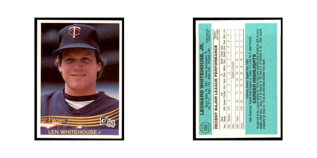 Len Whitehouse Rookie 1984 Donruss #558 Minnesota Twins Baseball Card NM