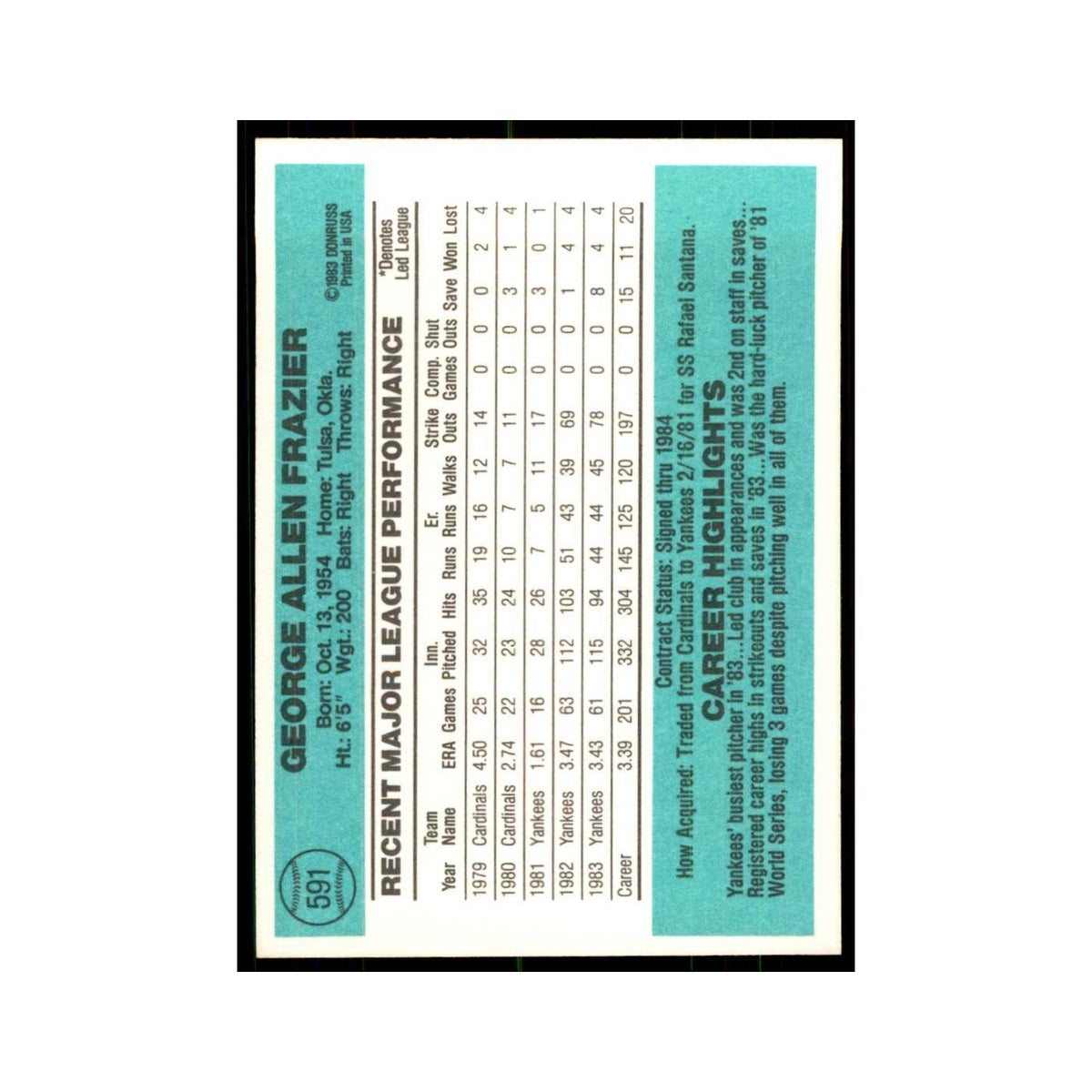 George Frazier 1984 Donruss #591 New York Yankees Baseball Card NM