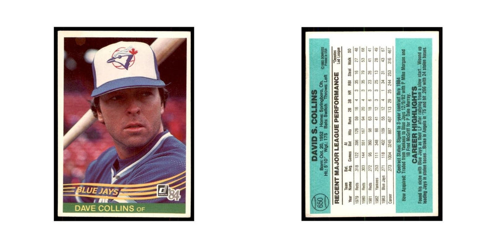 Dave Collins 1984 Donruss #650 Toronto Blue Jays Baseball Card NM