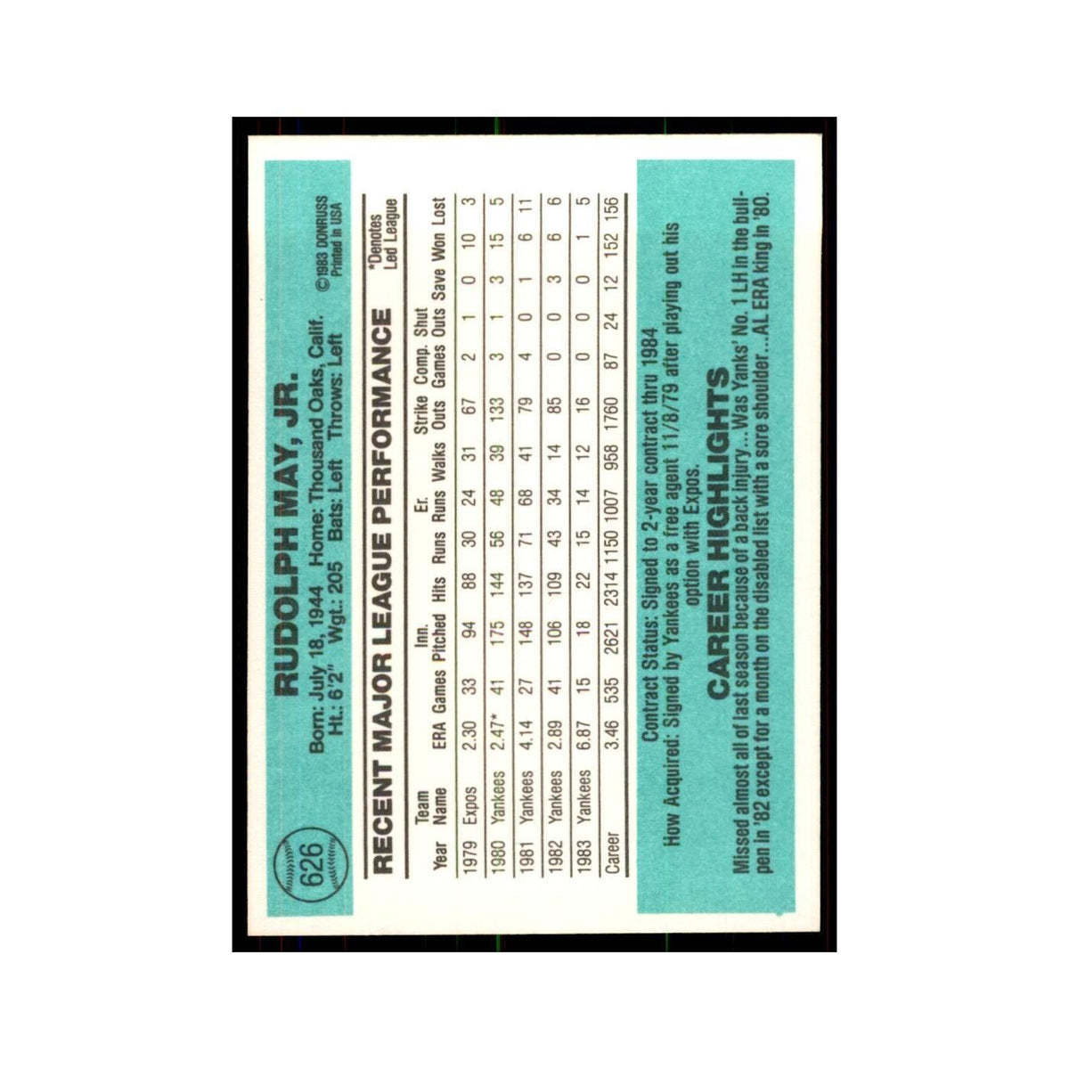 Rudy May 1984 Donruss #626 New York Yankees Baseball Card NM