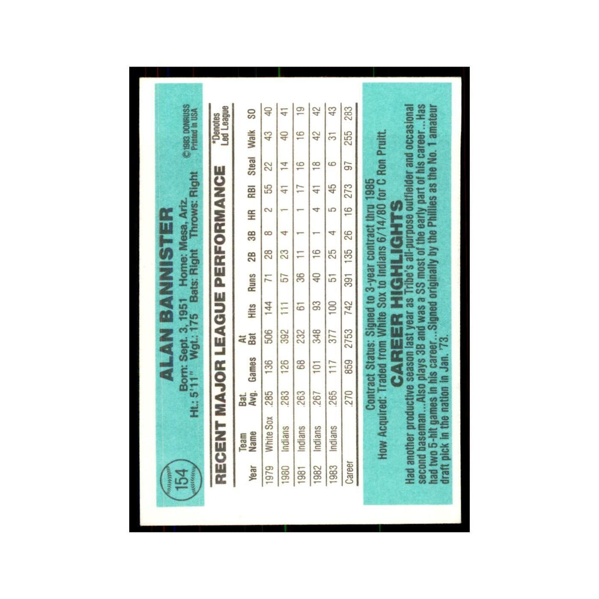 Alan Bannister 1984 Donruss #154 Cleveland Indians Baseball Card NM