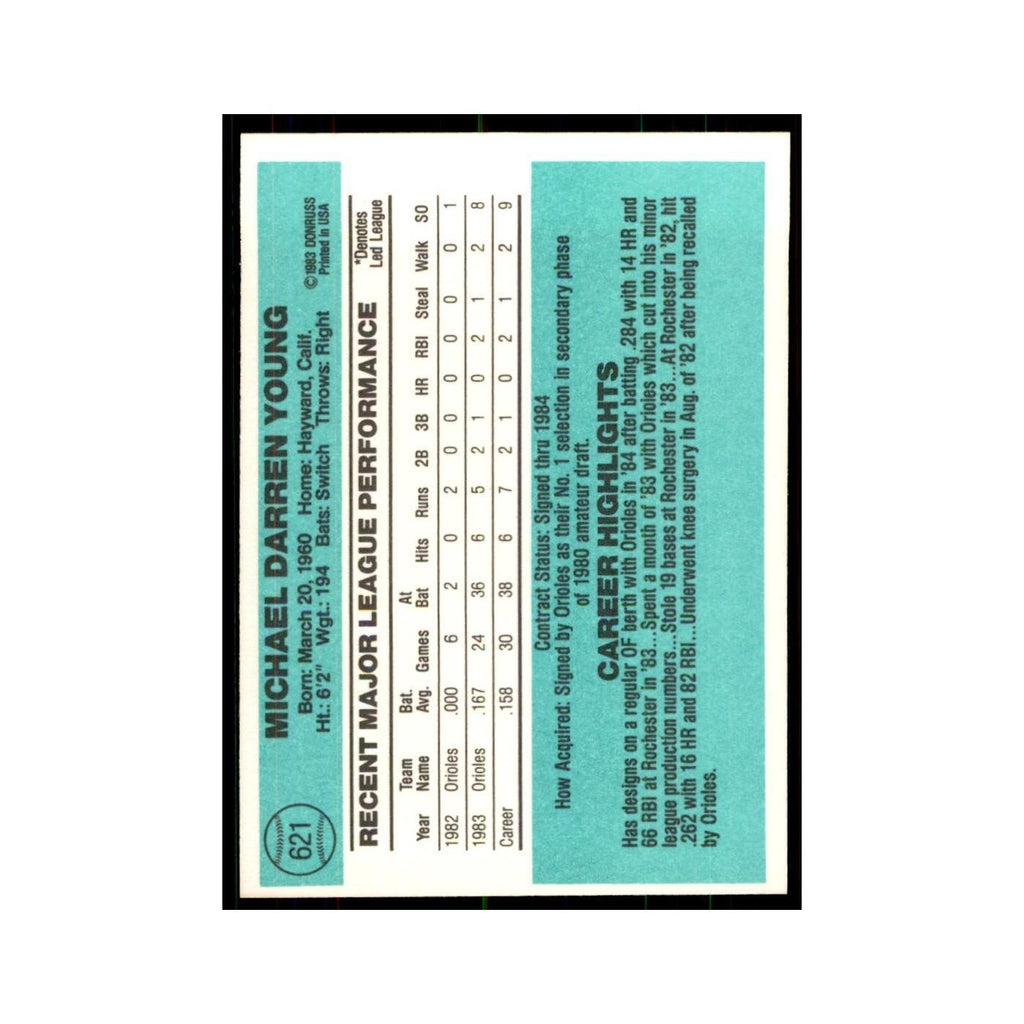 Mike Young Rookie 1984 Donruss #621 Baltimore Orioles Baseball Card NM