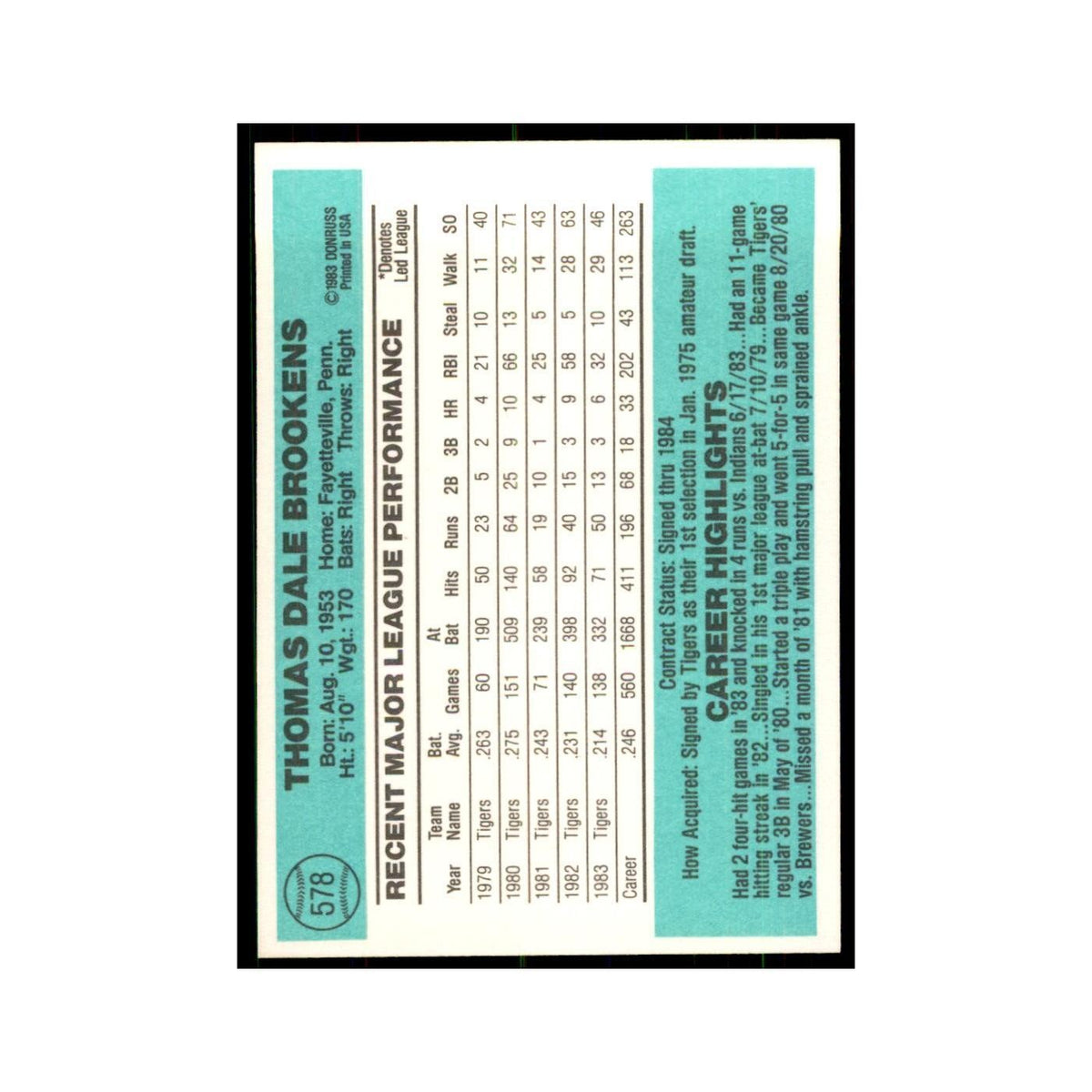 Tom Brookens 1984 Donruss #578 Detroit Tigers Baseball Card NM