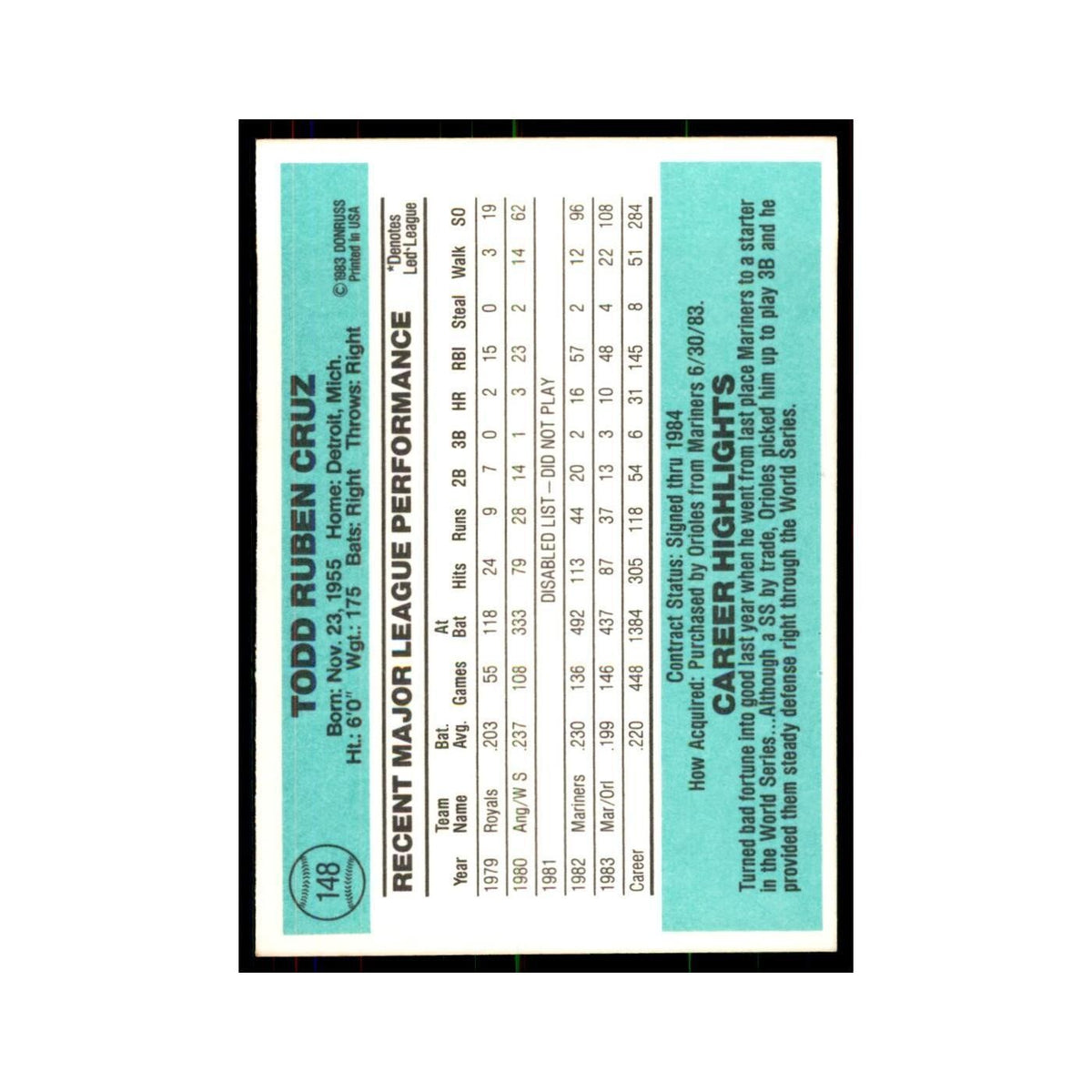 Todd Cruz 1984 Donruss #148 Baltimore Orioles Baseball Card NM