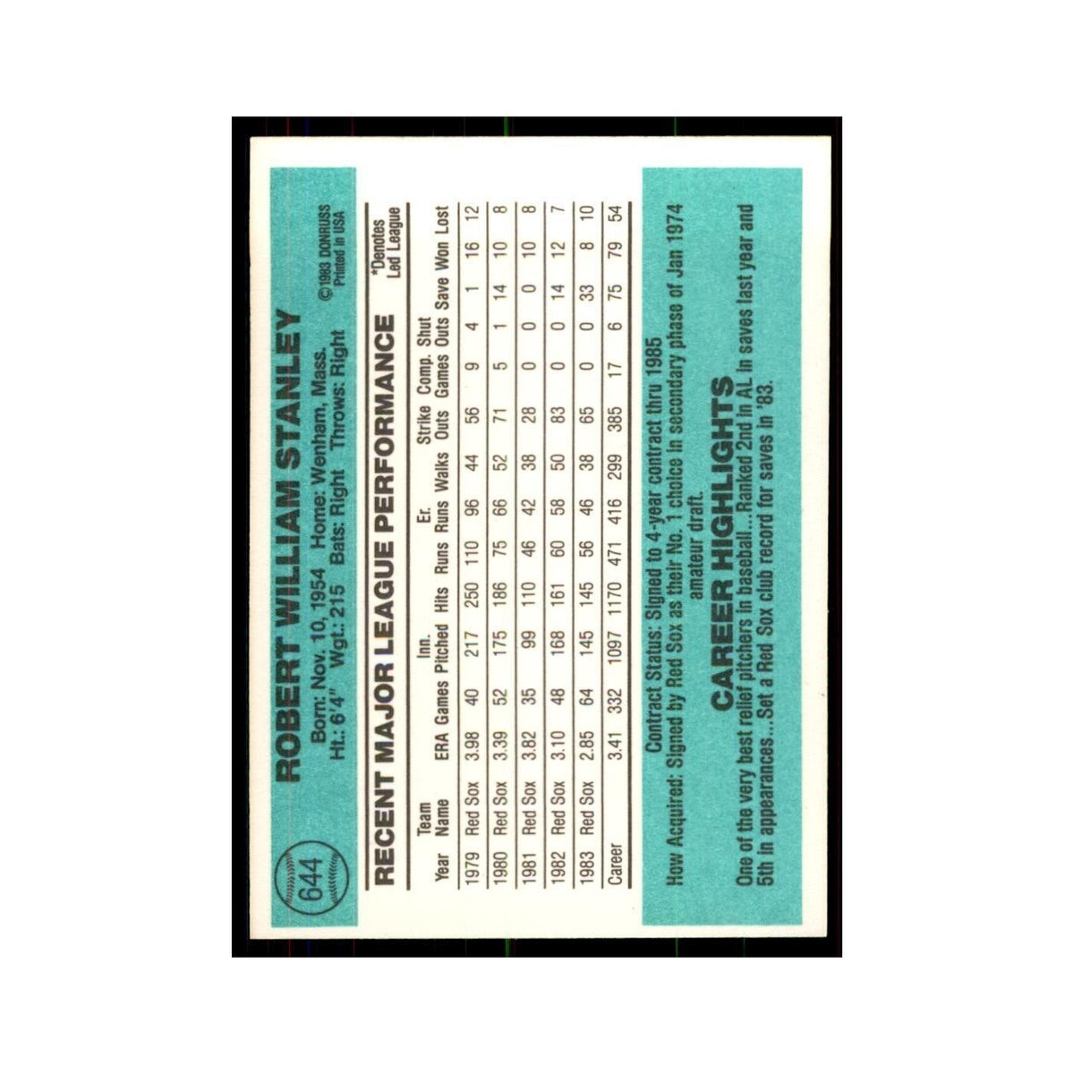 Bob Stanley 1984 Donruss #644 Boston Red Sox Baseball Card NM