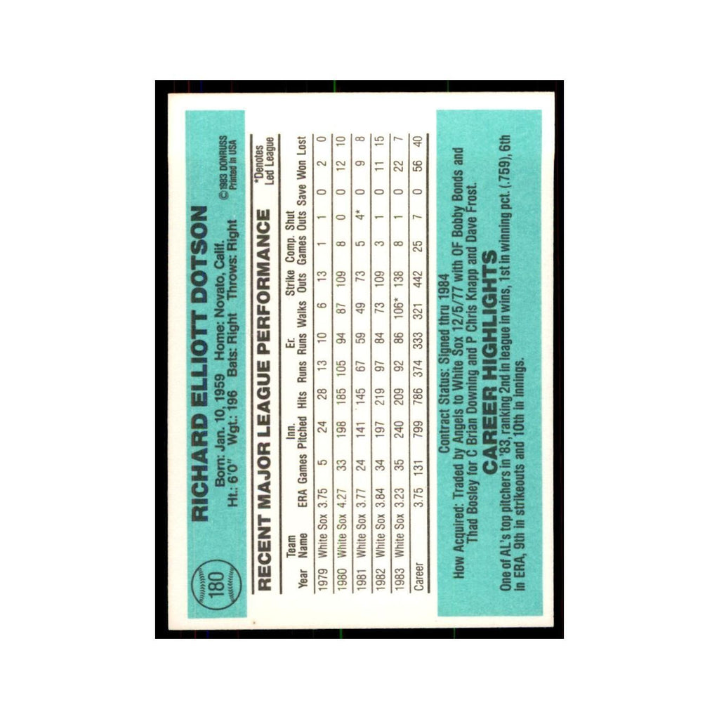 Richard Dotson 1984 Donruss #180 Chicago White Sox Baseball Card NM