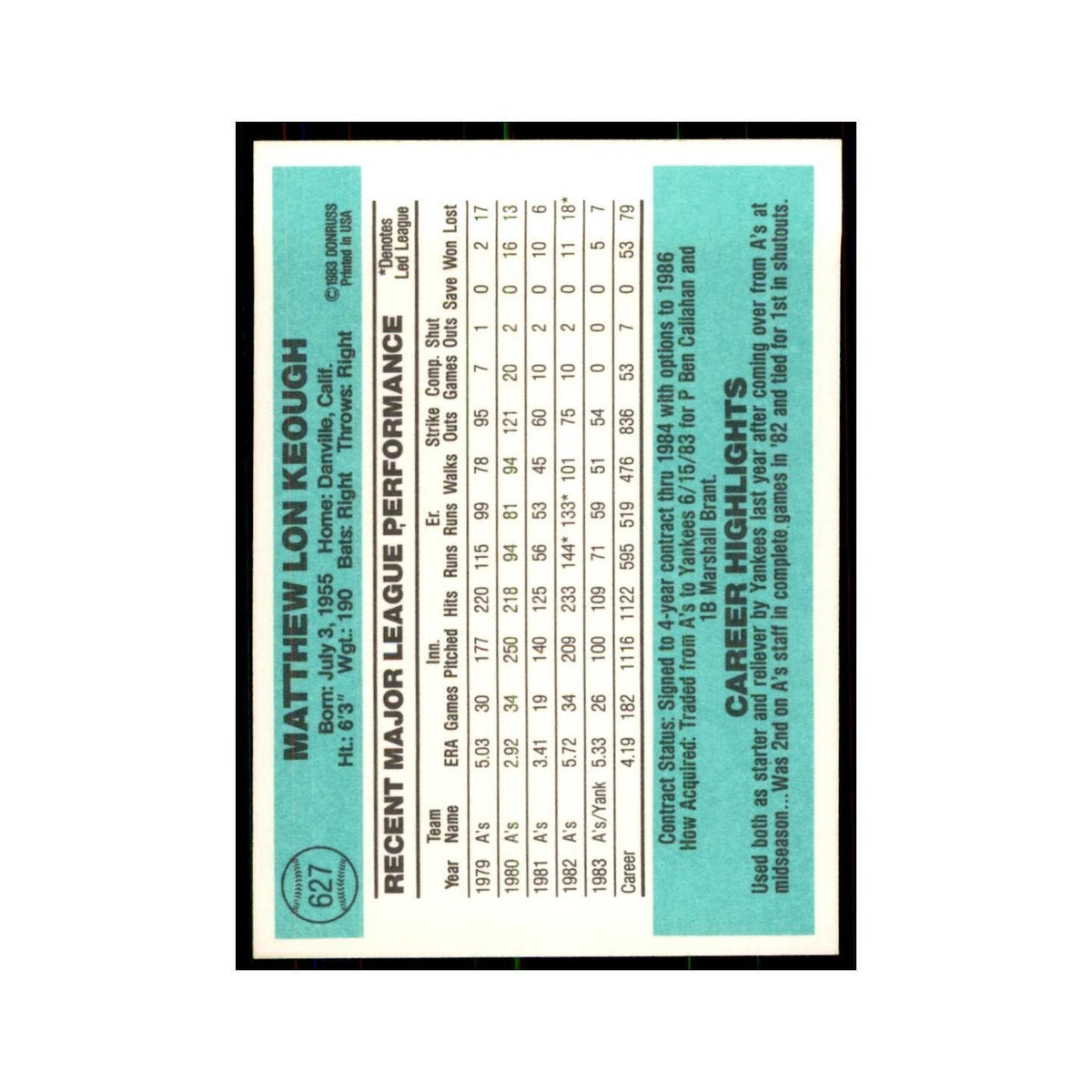 Matt Keough 1984 Donruss #627 New York Yankees Baseball Card NM