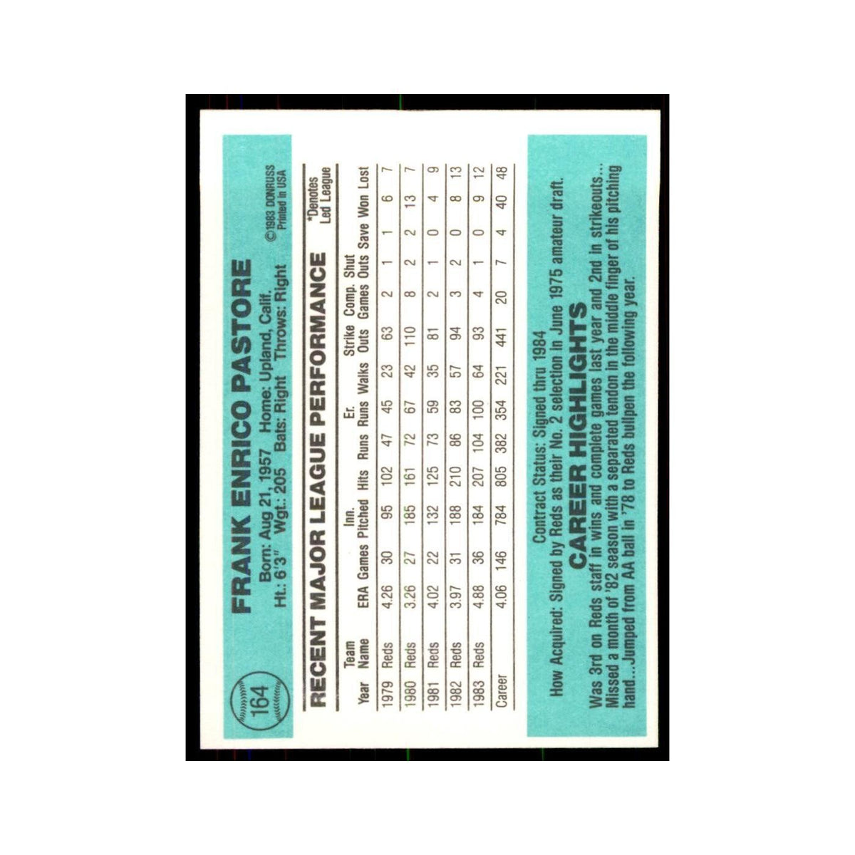 Frank Pastore 1984 Donruss #164 Cincinnati Reds Baseball Card NM