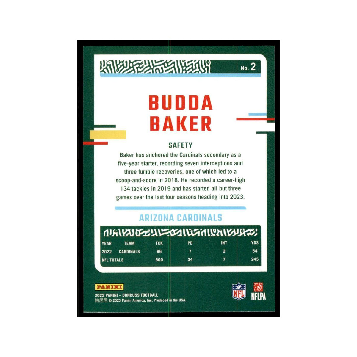 Budda Baker 2023 Donruss #2 Arizona Cardinals Football Card NM