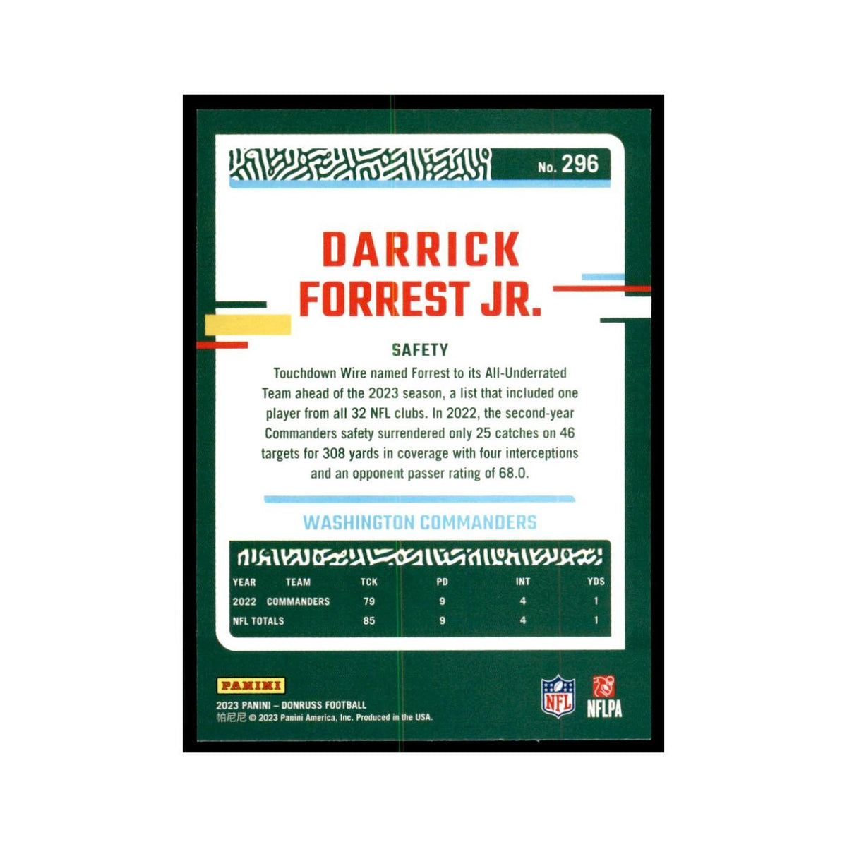 Darrick Forrest Jr. 2023 Donruss #296 Washington Commanders Football Card NM