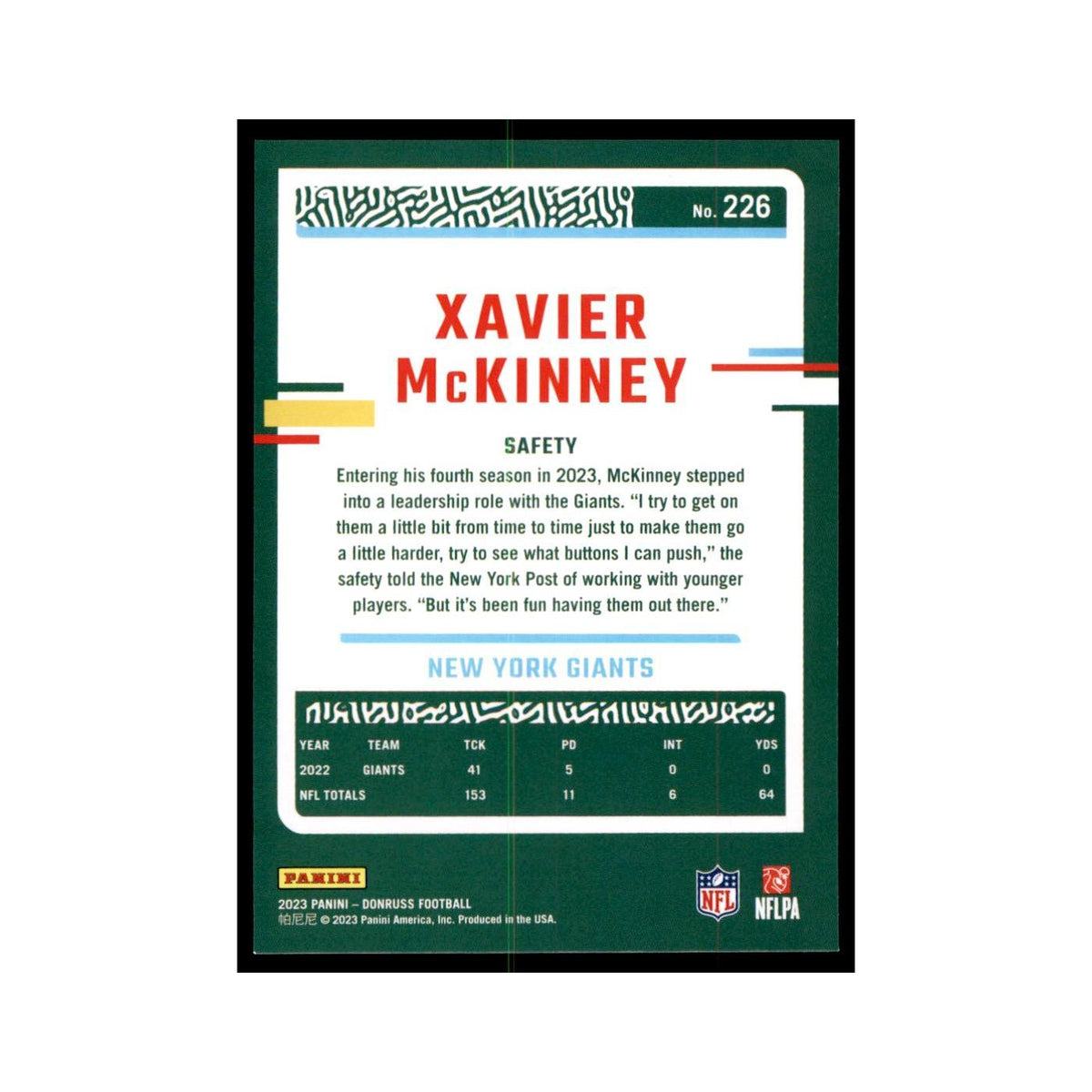 Xavier McKinney 2023 Donruss #226 New York Giants Football Card NM
