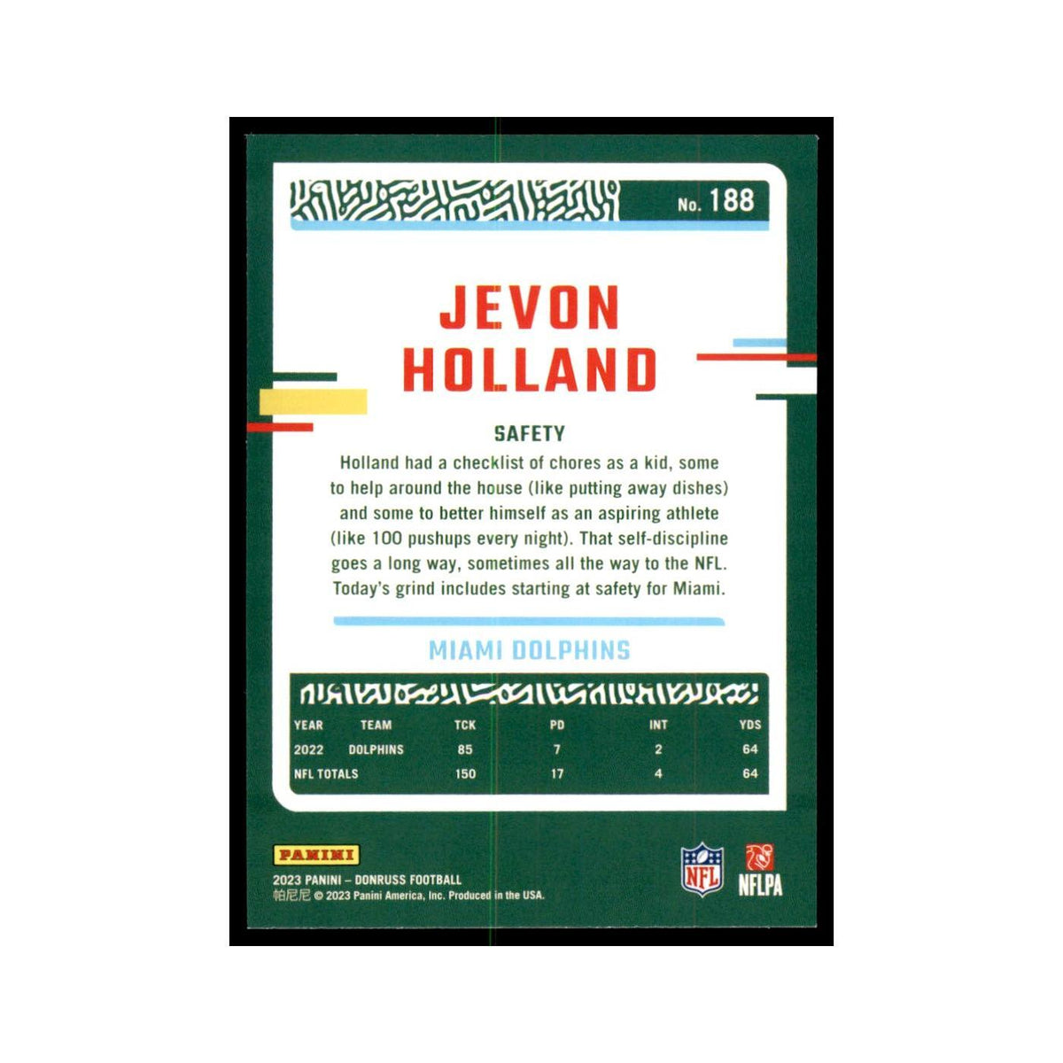 Jevon Holland 2023 Donruss #188 Miami Dolphins Football Card NM