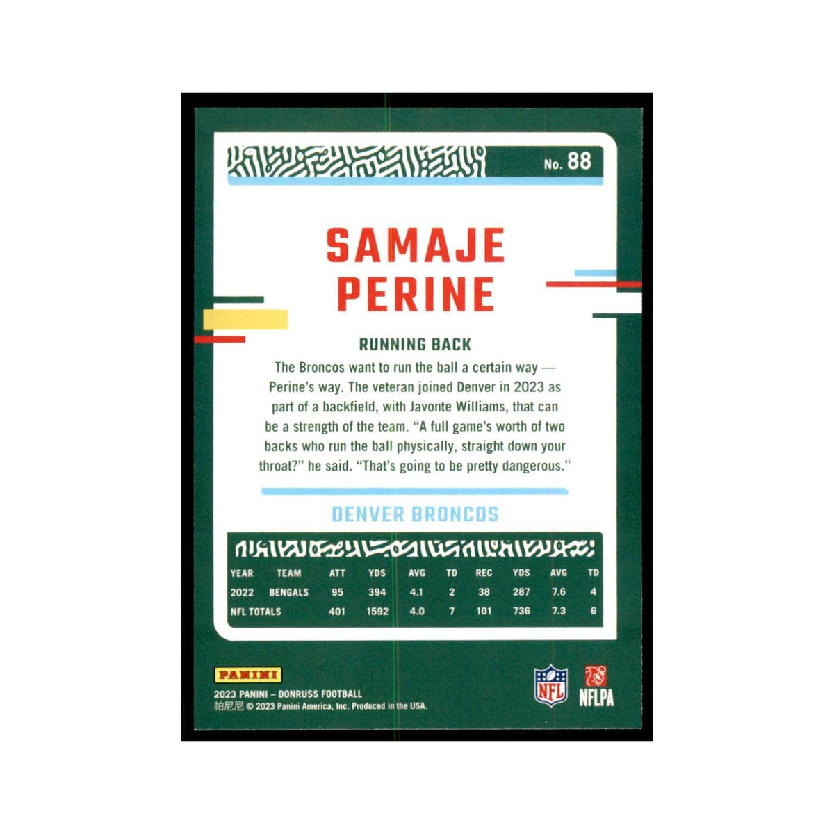 Samaje Perine 2023 Donruss #88 Denver Broncos Football Card NM