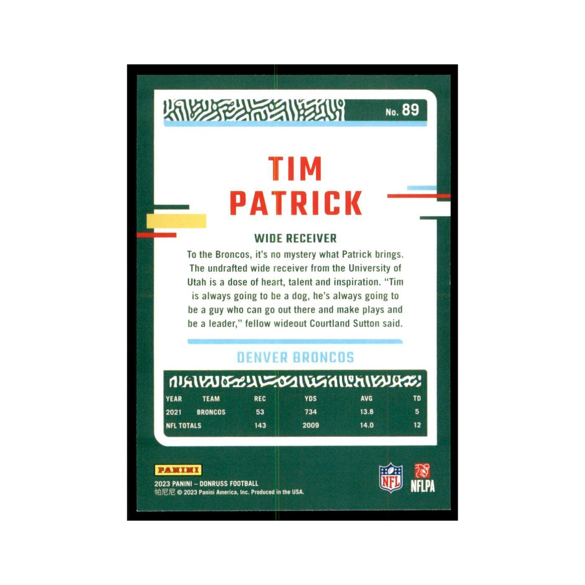 Tim Patrick 2023 Donruss #89 Denver Broncos Football Card NM