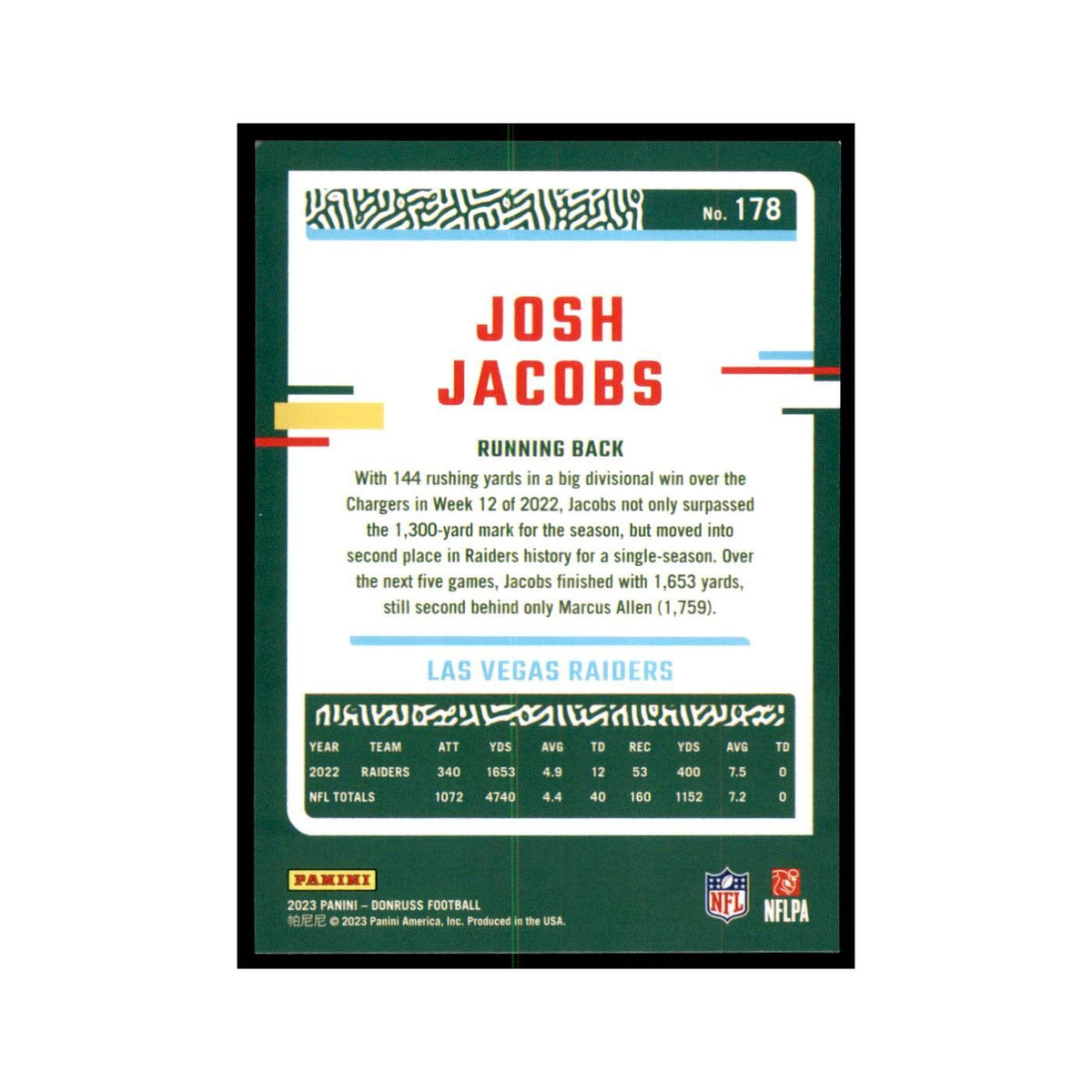 Josh Jacobs 2023 Donruss #178 Las Vegas Raiders Football Card NM