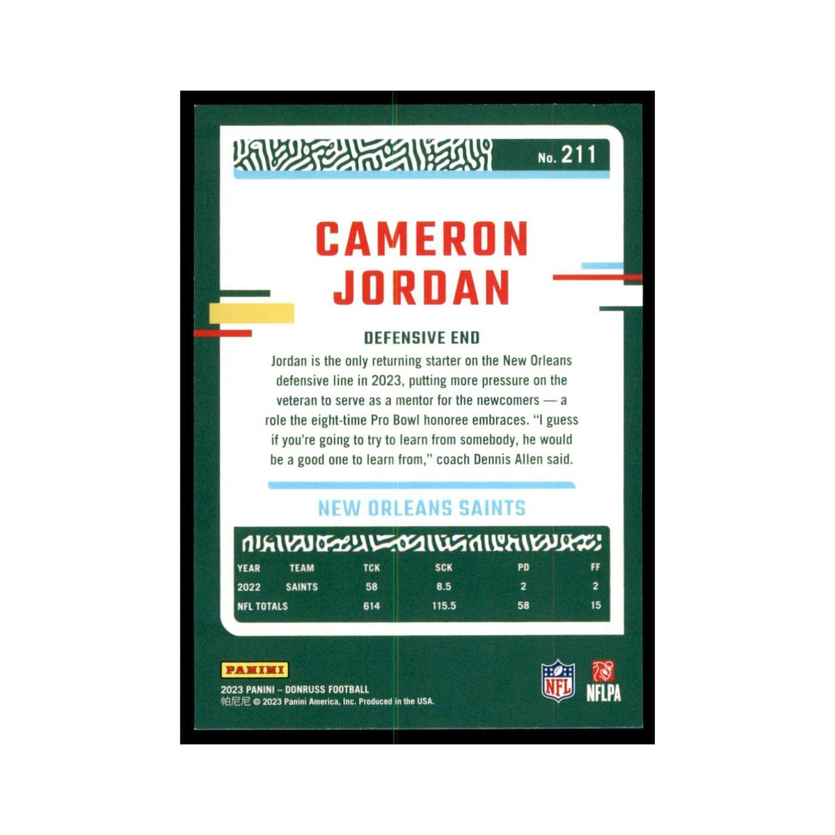 Cameron Jordan 2023 Donruss #211 New Orleans Saints Football Card NM