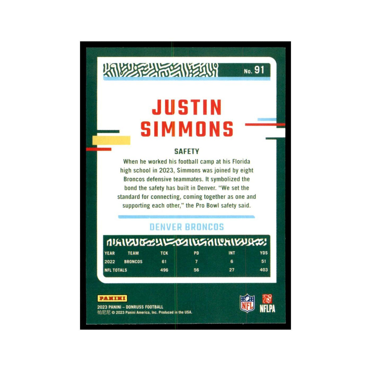 Justin Simmons 2023 Donruss #91 Denver Broncos Football Card NM
