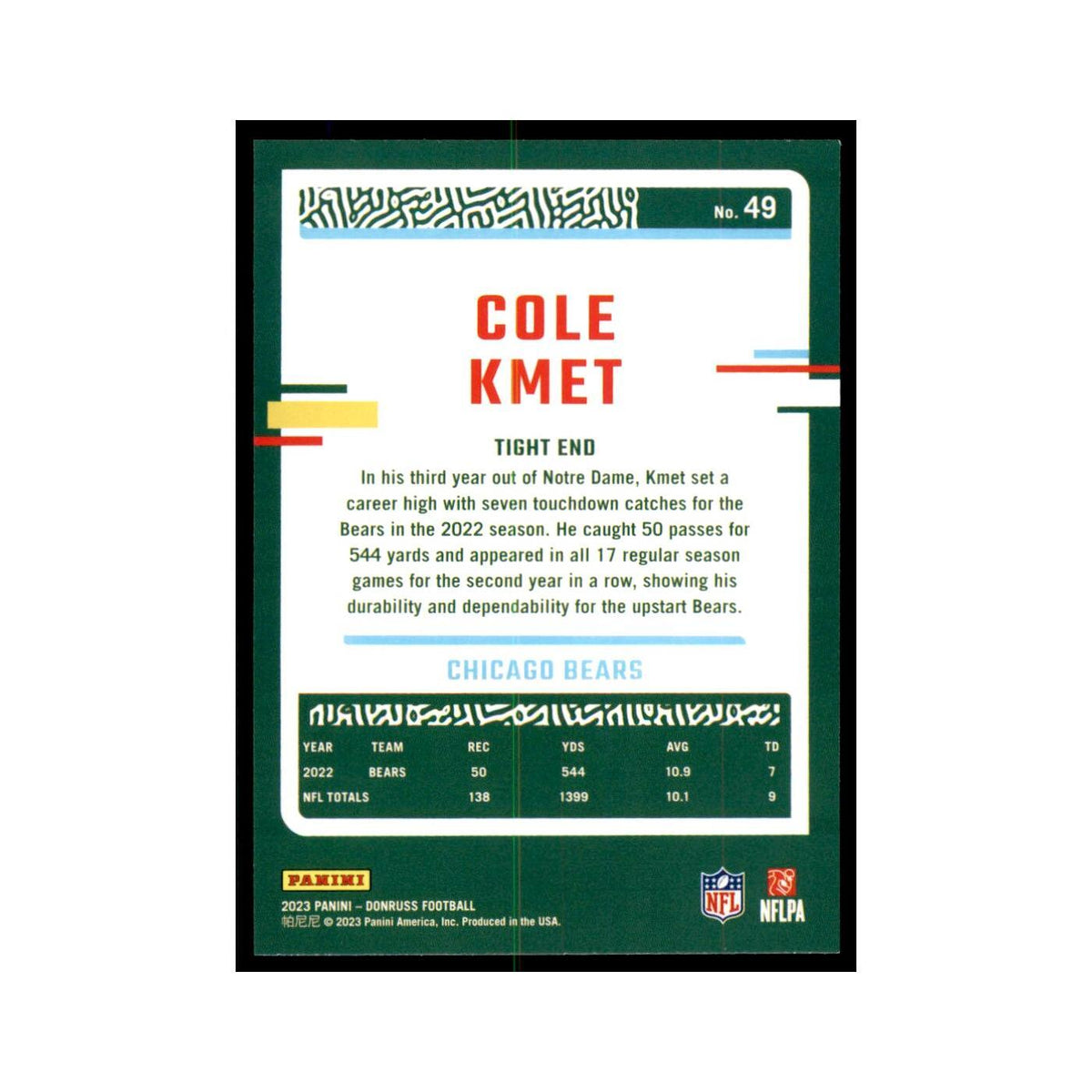 Cole Kmet 2023 Donruss #49 Chicago Bears Football Card NM
