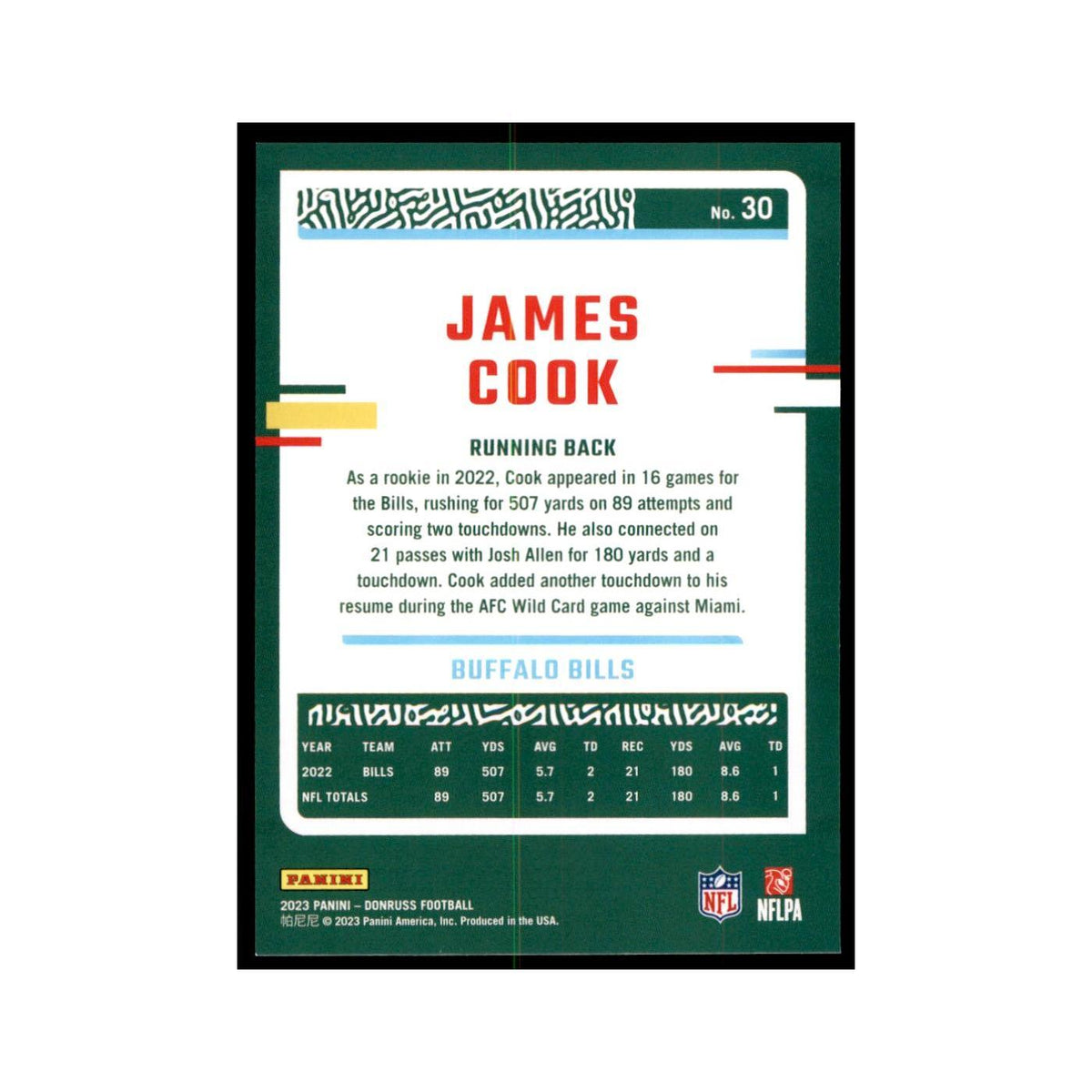 James Cook 2023 Donruss #30 Buffalo Bills Football Card NM