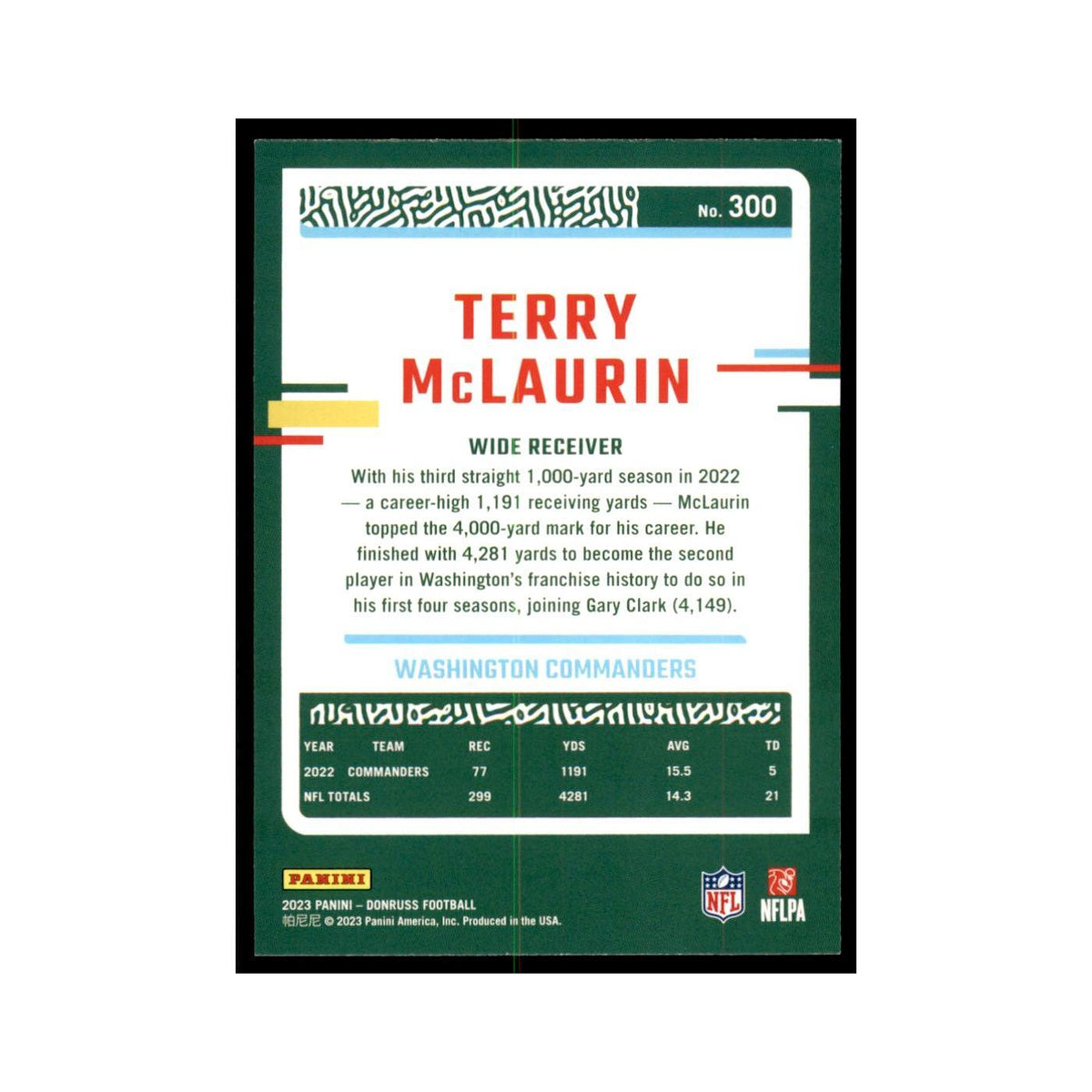 Terry McLaurin 2023 Donruss #300 Washington Commanders Football Card NM