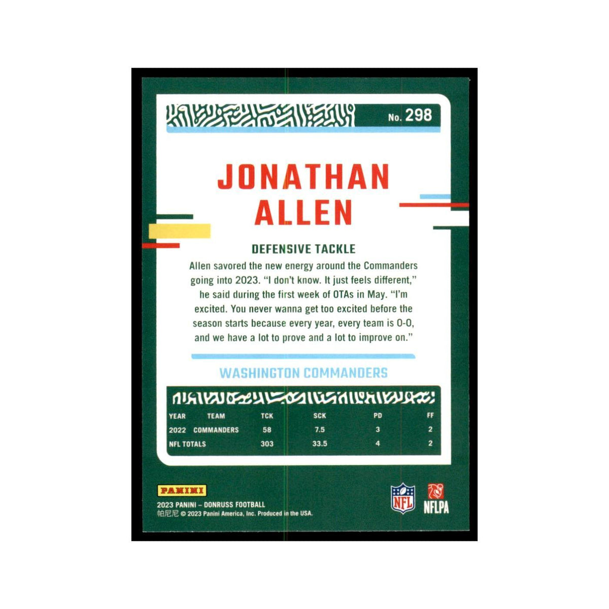 Jonathan Allen 2023 Donruss #298 Washington Commanders Football Card NM
